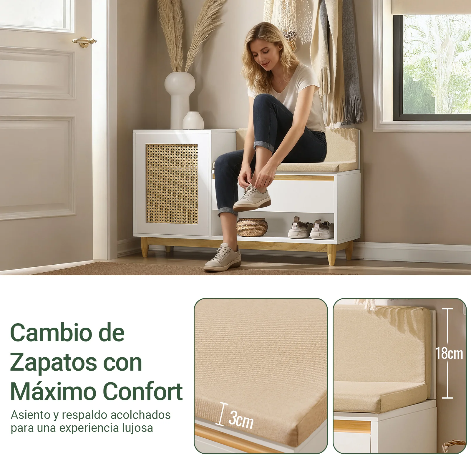 SoBuy FSR128-W Banco Zapatero con 2 Estantes 1 Cajón y 1 Puerta Beige Blanco - Image 6