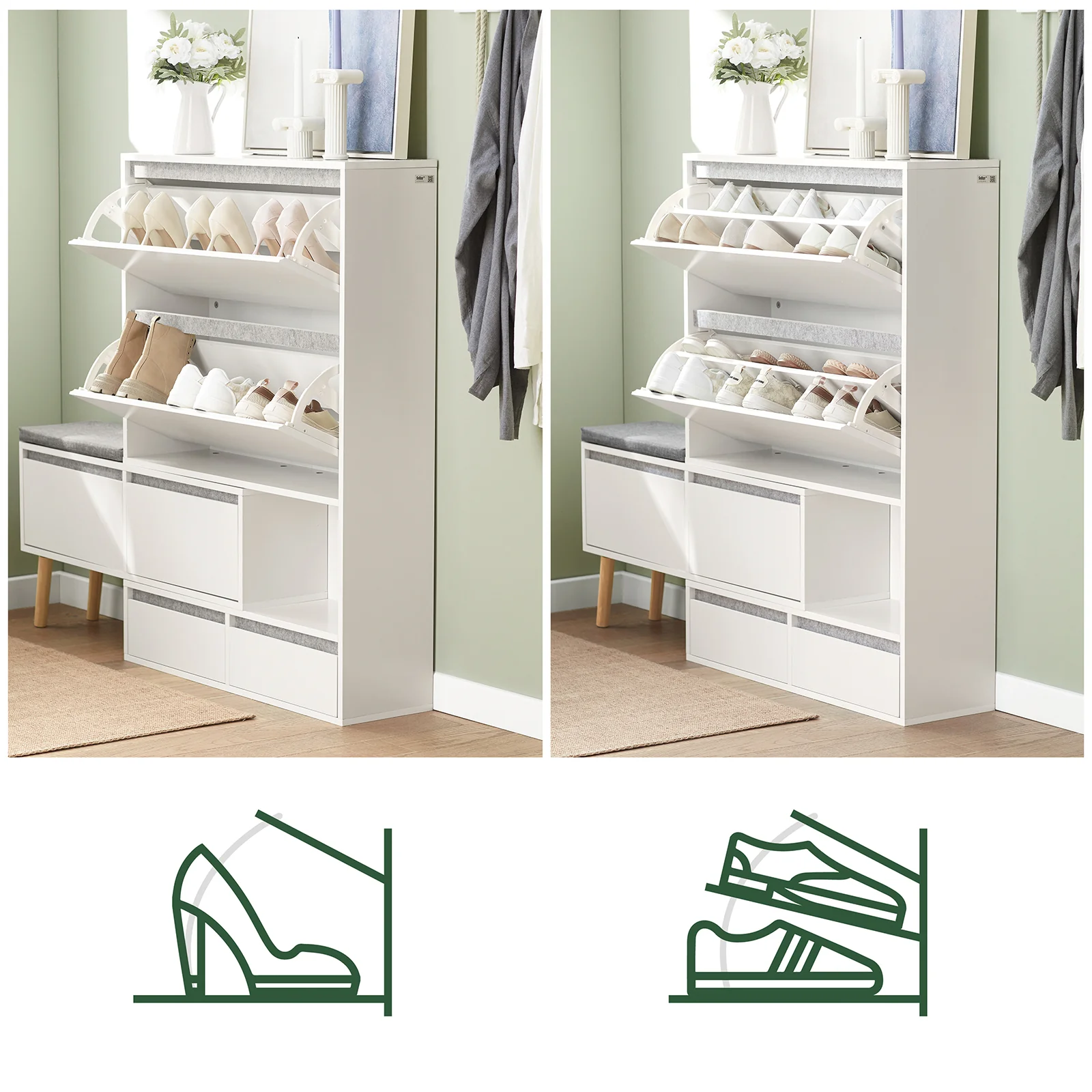 SoBuy FSR134-W Zapatero con 2 Solapas, 2 cajones y Banco móvil - Image 6