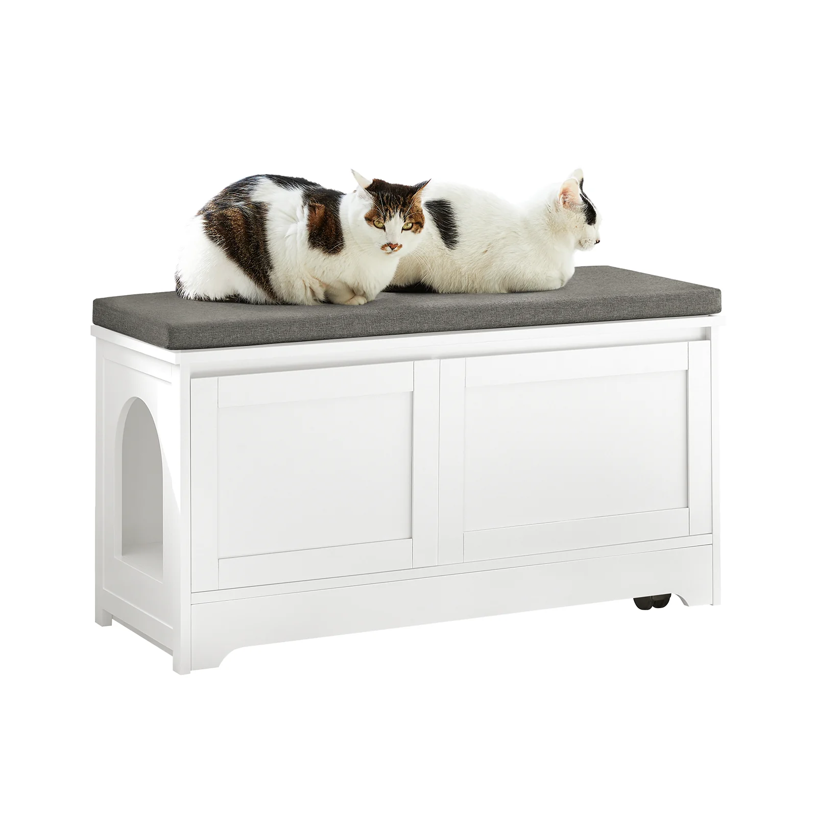 SoBuy FSR136-W Banco Casa de madera para Gatos con 2 Puertas y 3 Boles incorporados 90 x 36 x 44 cm