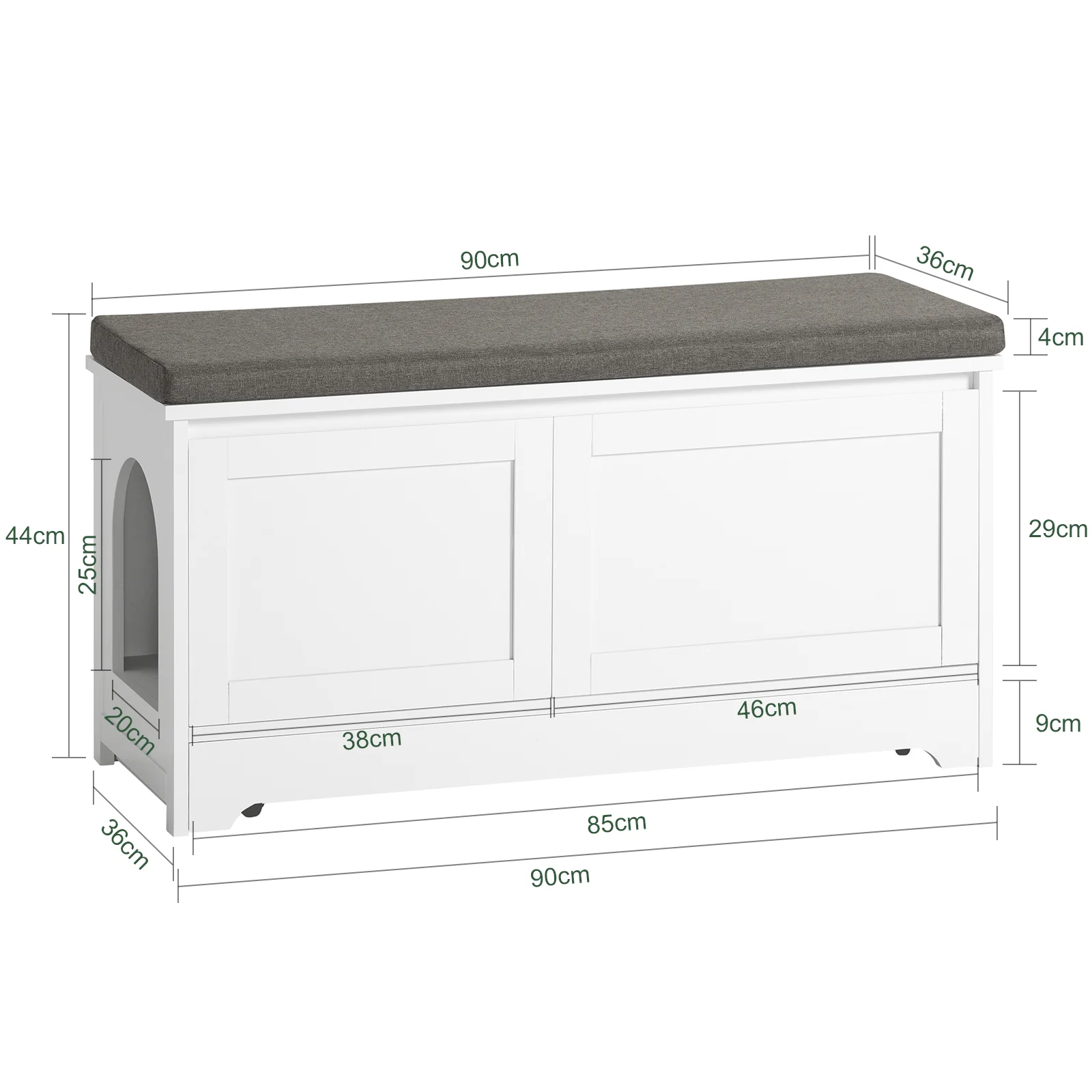 SoBuy FSR136-W Banco Casa de madera para Gatos con 2 Puertas y 3 Boles incorporados 90 x 36 x 44 cm - Image 3