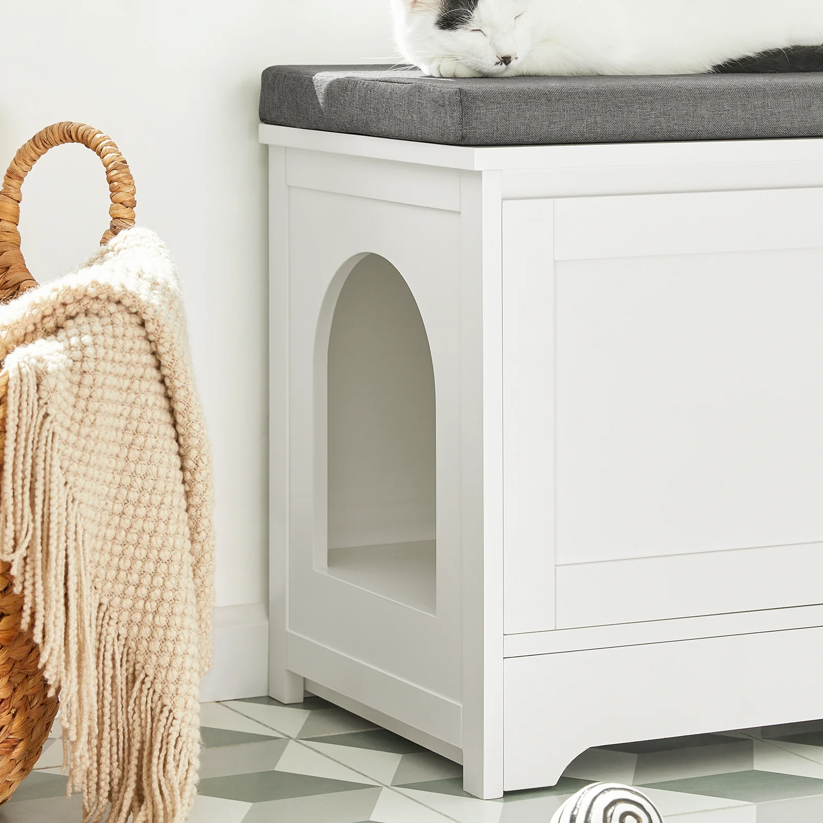 SoBuy FSR136-W Banco Casa de madera para Gatos con 2 Puertas y 3 Boles incorporados 90 x 36 x 44 cm - Image 6