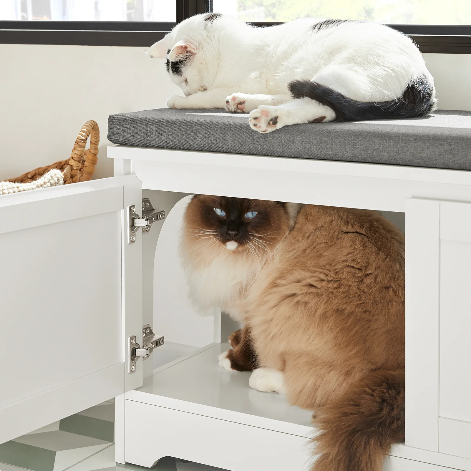 SoBuy FSR136-W Banco Casa de madera para Gatos con 2 Puertas y 3 Boles incorporados 90 x 36 x 44 cm - Image 8
