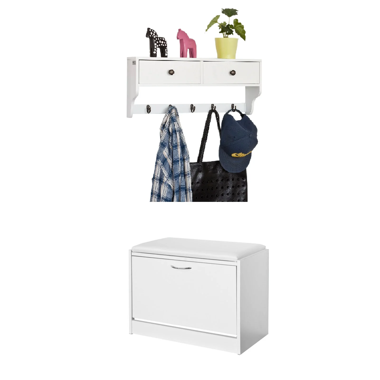 SoBuy FSR16-W+FRG178-W Mueble recibidor Zapatero con Perchero