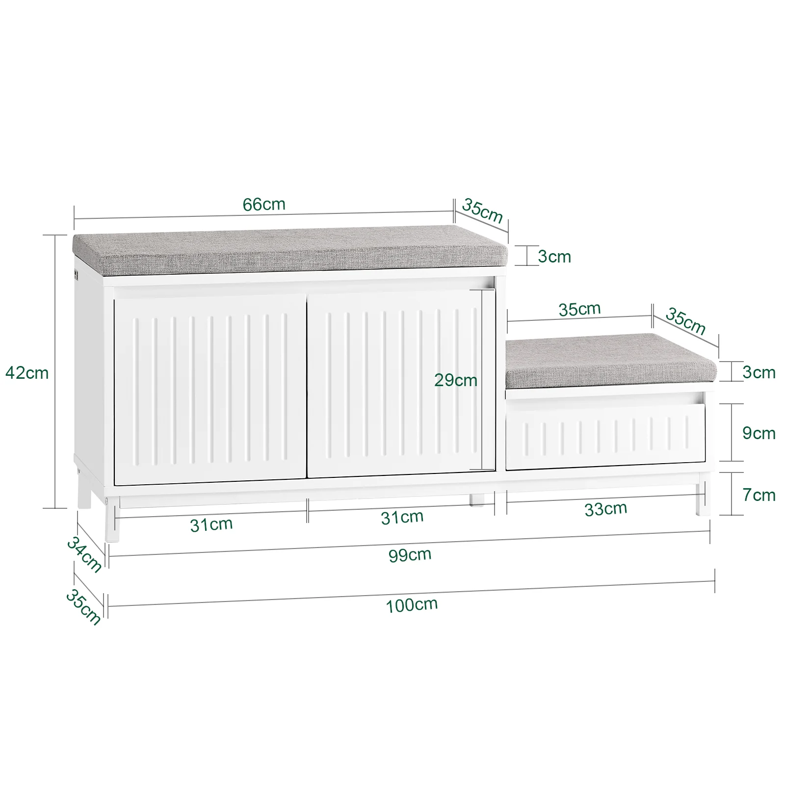 SoBuy FSR172-W Banco Zapatero con 2 asientos, 1 Cajón y 2 Puertas 100 x 35 x 42 cm Blanco - Image 3