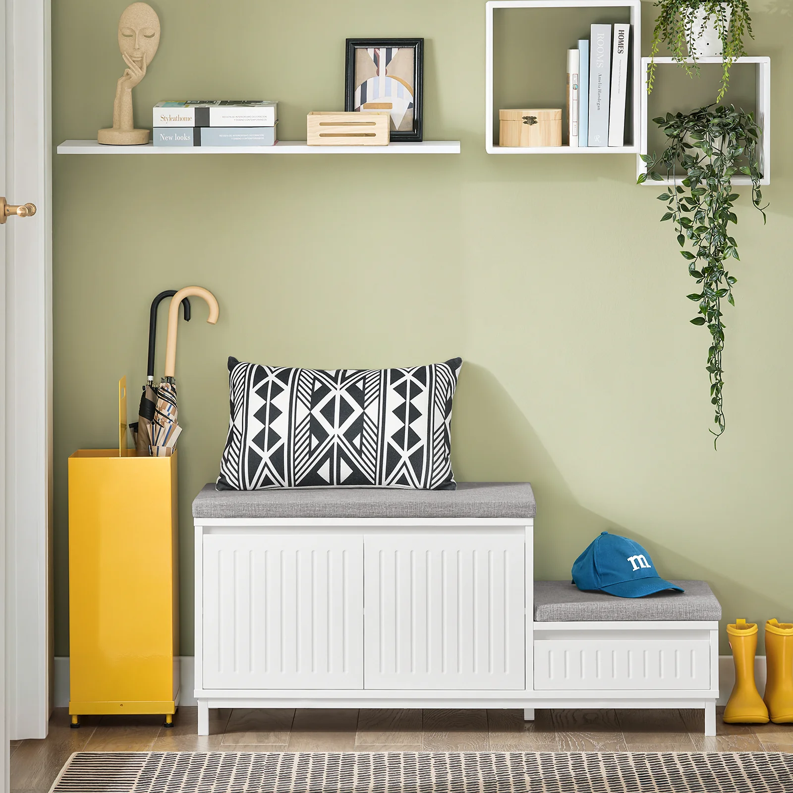 SoBuy FSR172-W Banco Zapatero con 2 asientos, 1 Cajón y 2 Puertas 100 x 35 x 42 cm Blanco - Image 4