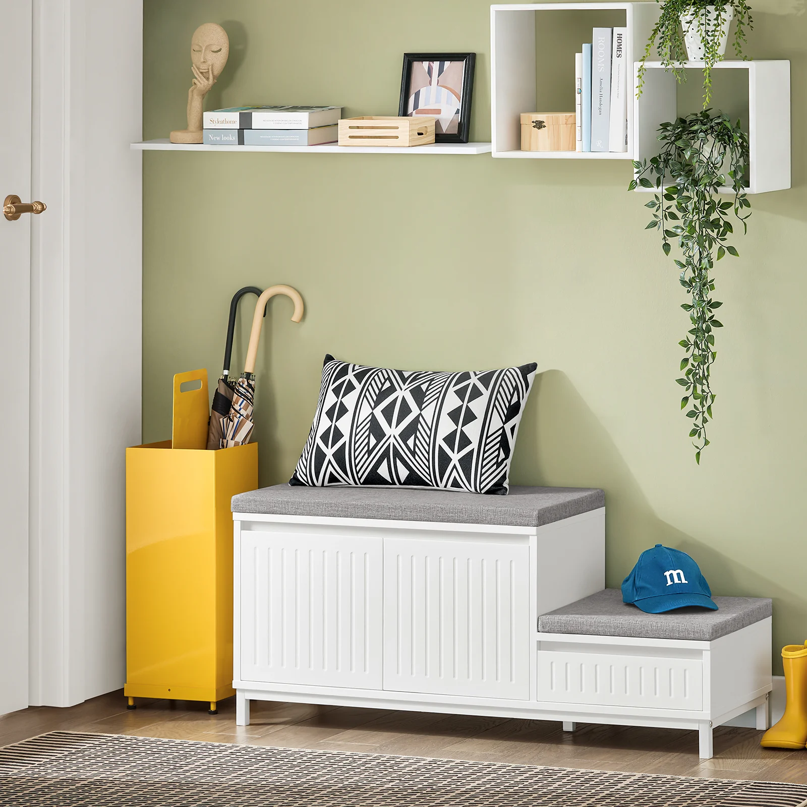 SoBuy FSR172-W Banco Zapatero con 2 asientos, 1 Cajón y 2 Puertas 100 x 35 x 42 cm Blanco - Image 5