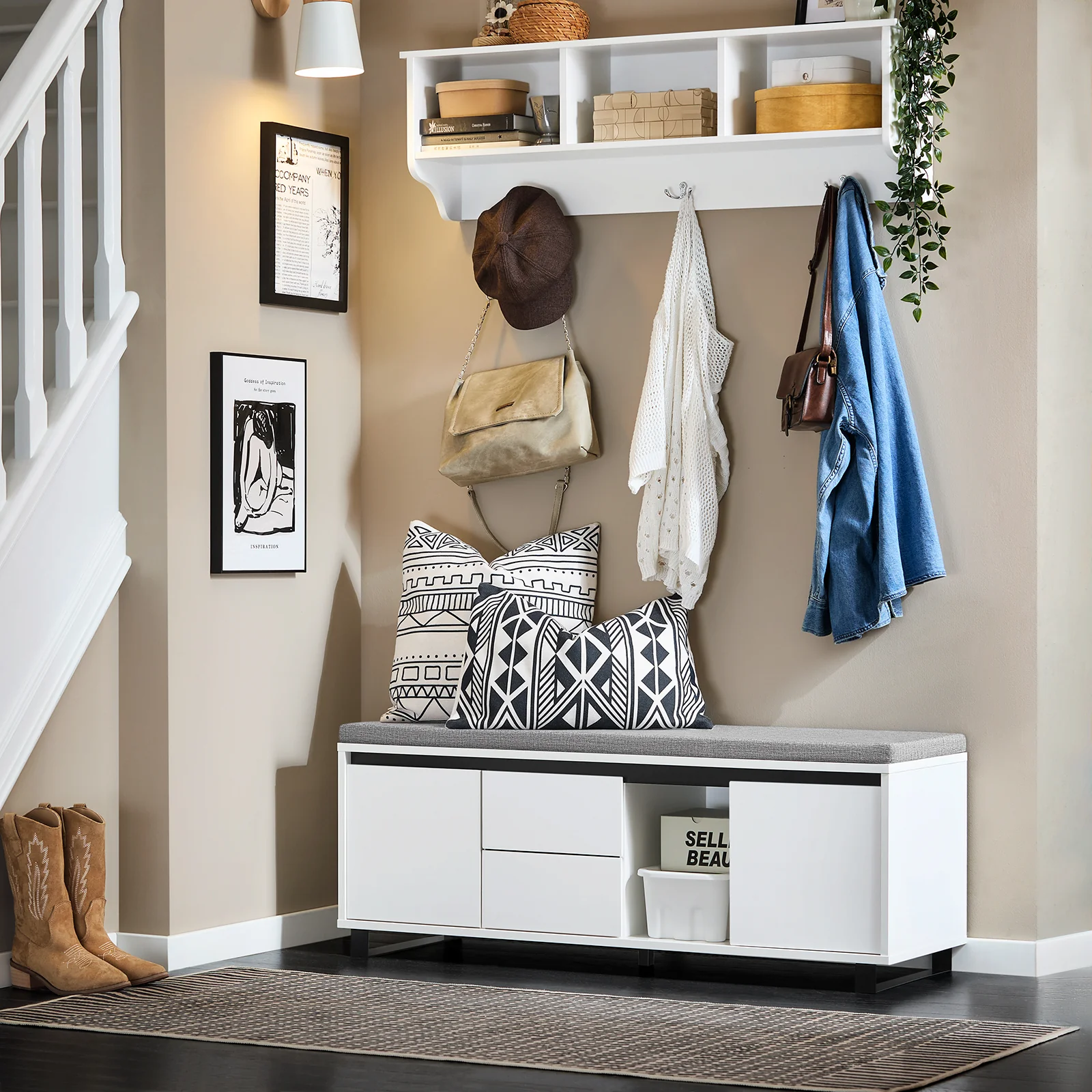 SoBuy FSR176-W Banco Zapatero con 1 Compartimento 2 Cajones y 2 Puertas110 x 35 x 42 cm Blanco - Image 2
