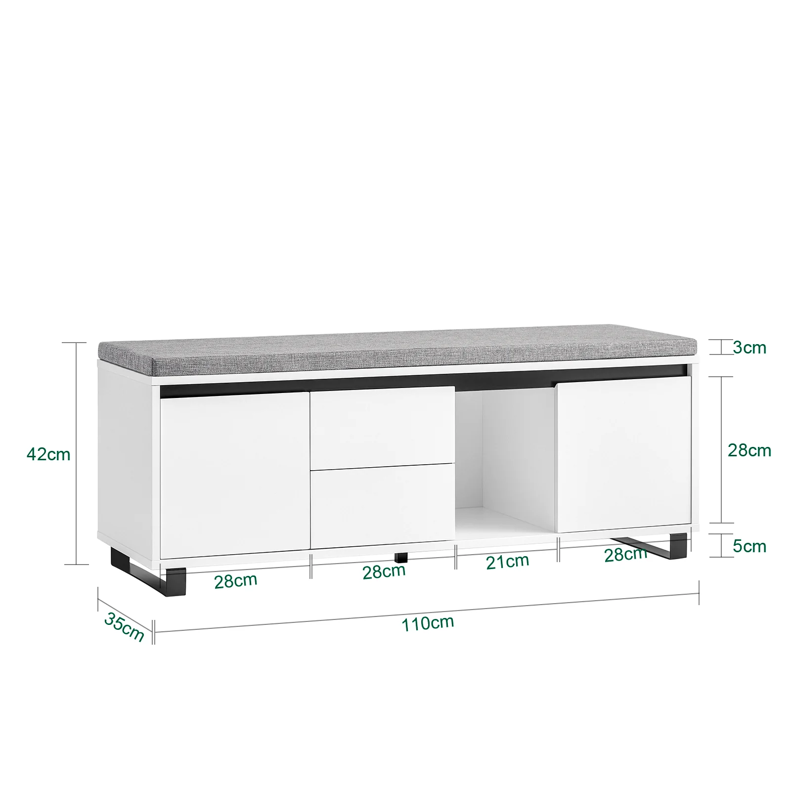 SoBuy FSR176-W Banco Zapatero con 1 Compartimento 2 Cajones y 2 Puertas110 x 35 x 42 cm Blanco - Image 3