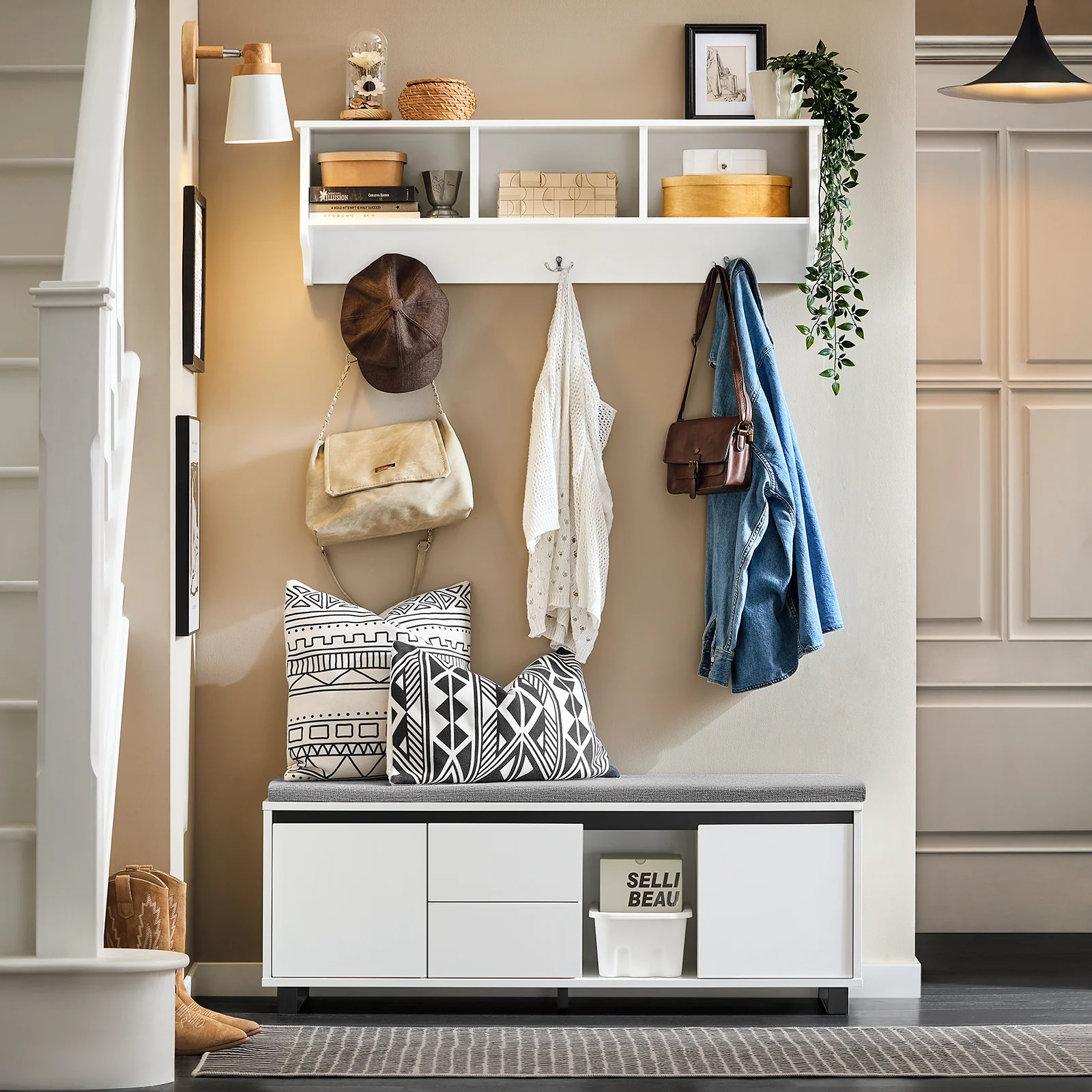 SoBuy FSR176-W Banco Zapatero con 1 Compartimento 2 Cajones y 2 Puertas110 x 35 x 42 cm Blanco - Image 4