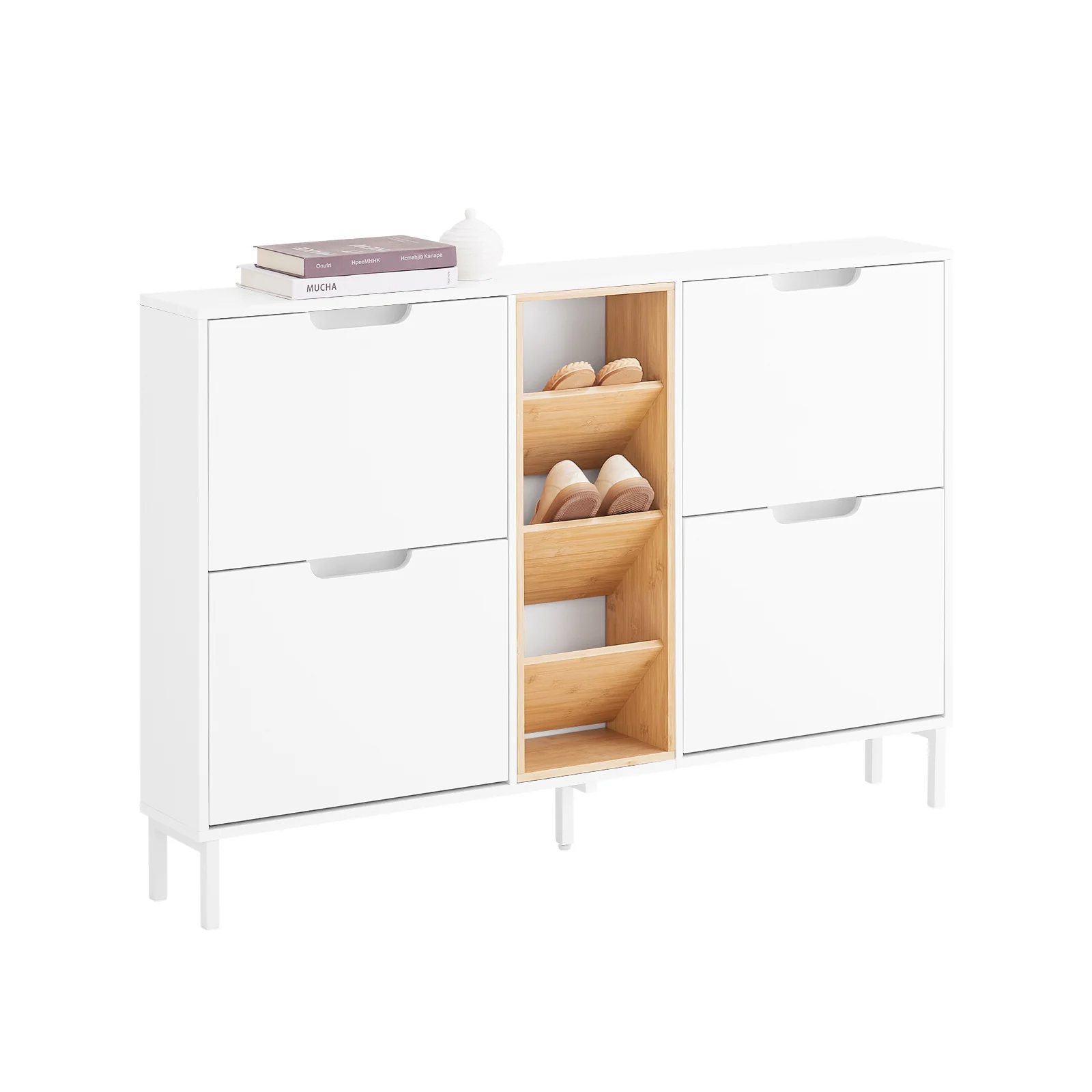 SoBuy FSR183-WN Zapatero con 4 Puertas y 3 Compartimentos Abiertos Blanco Madera