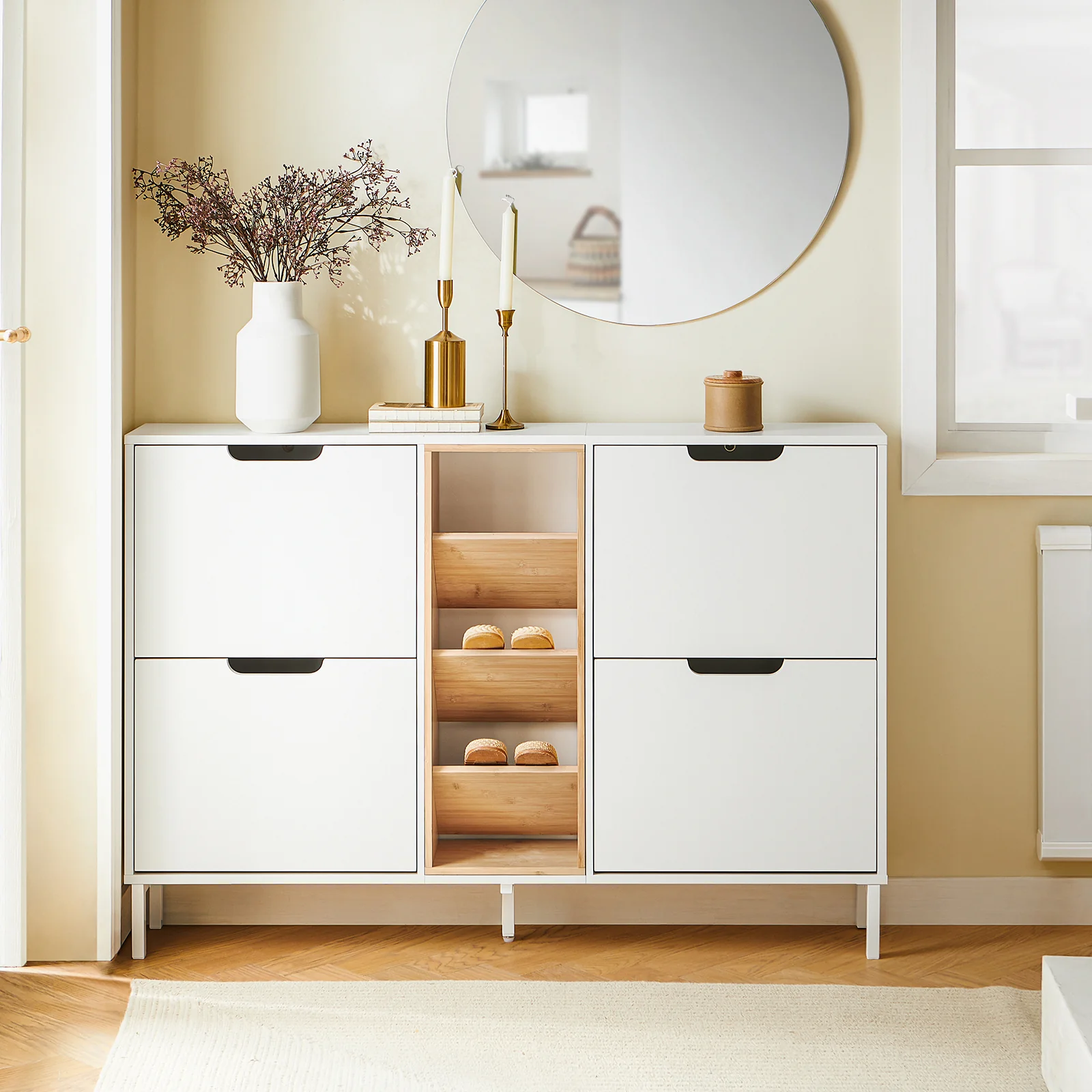 SoBuy FSR183-WN Zapatero con 4 Puertas y 3 Compartimentos Abiertos Blanco Madera - Image 2