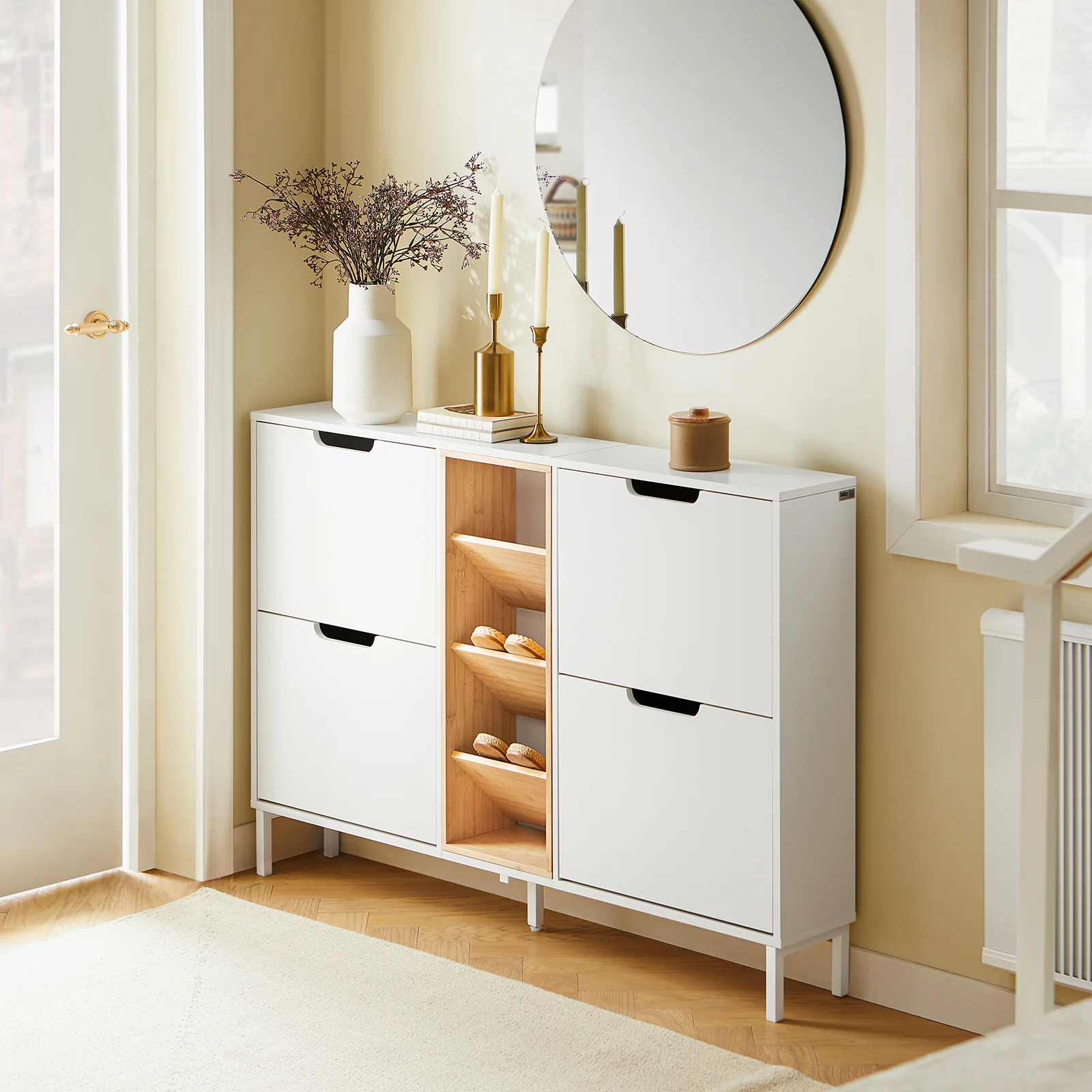 SoBuy FSR183-WN Zapatero con 4 Puertas y 3 Compartimentos Abiertos Blanco Madera - Image 5