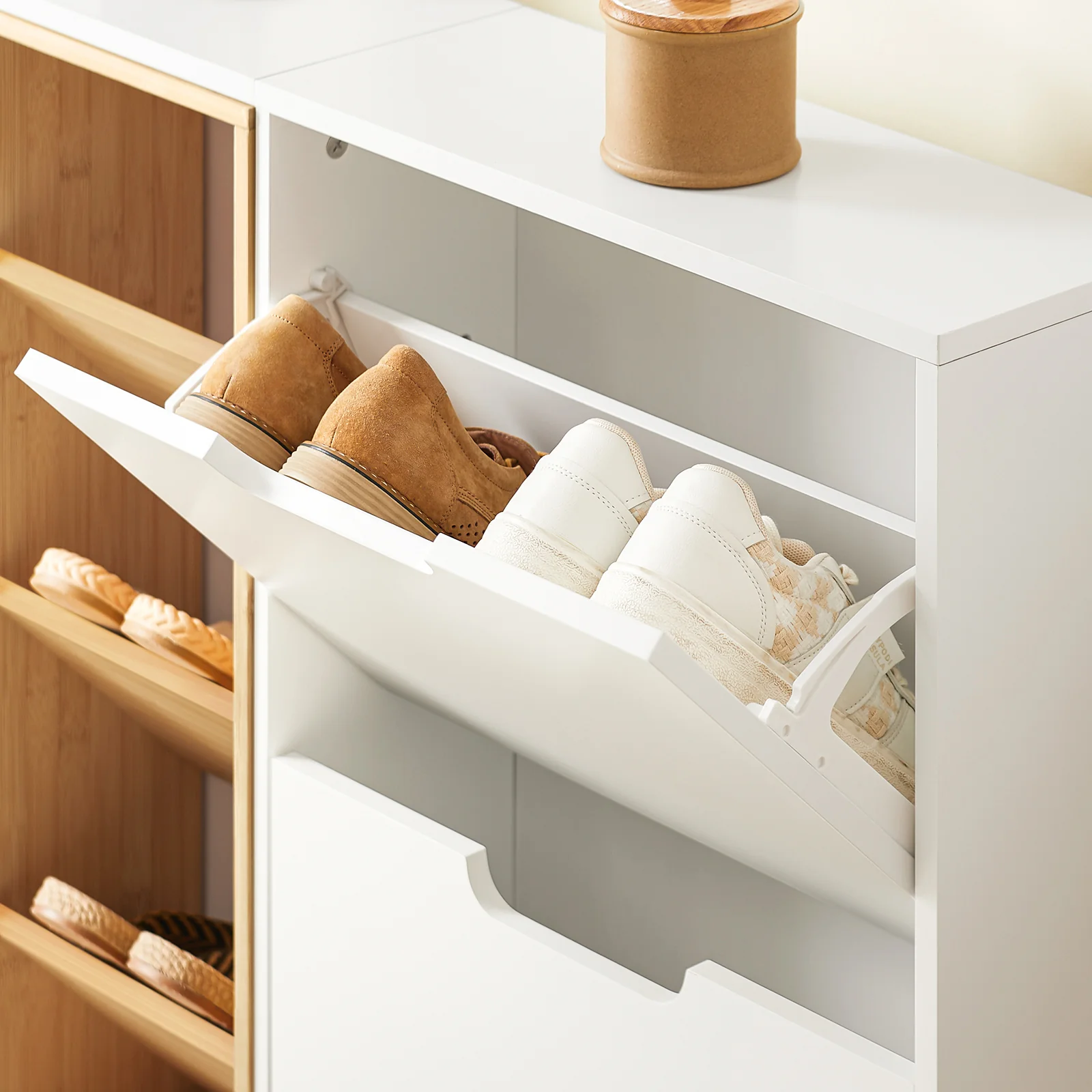 SoBuy FSR183-WN Zapatero con 4 Puertas y 3 Compartimentos Abiertos Blanco Madera - Image 8