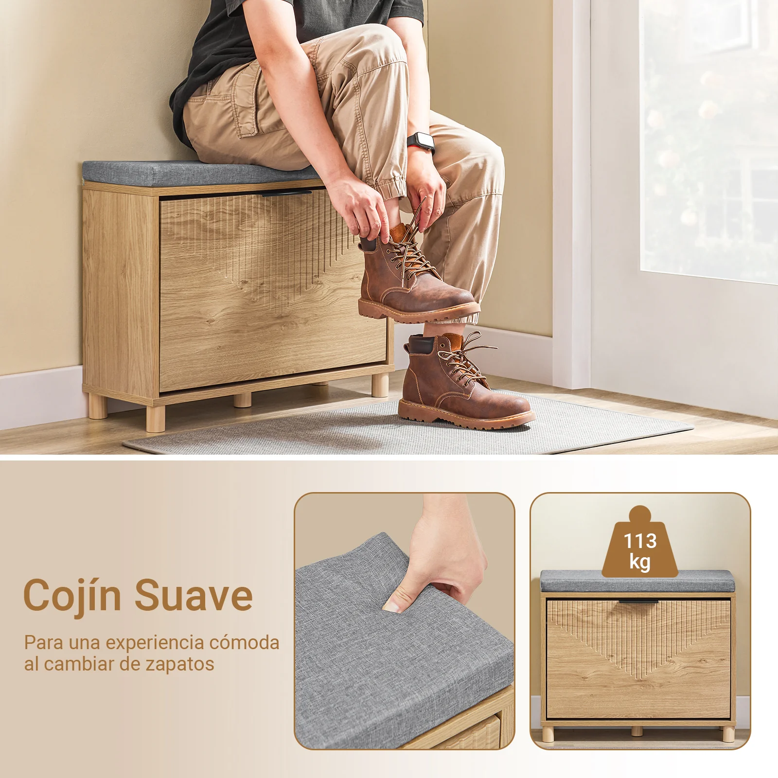 Preventa-SoBuy FSR199-N Banco Zapatero con Asiento 60cm Estilo Nórdico Cojín Gris - Image 5