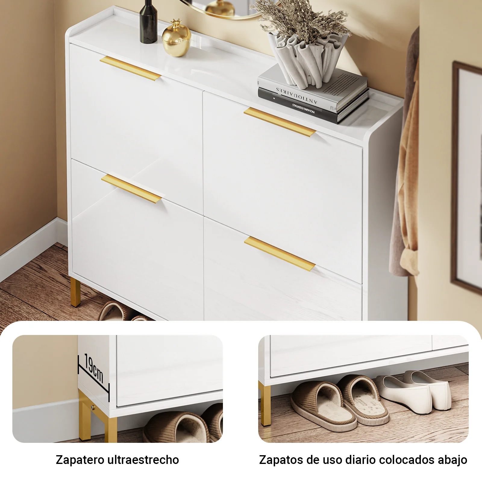 SoBuy FSR206-GW Zapatero Estrecho 19cm Armario de Zapatos con 4 Puertas Recibidor Blanco 100x19x90cm - Image 5