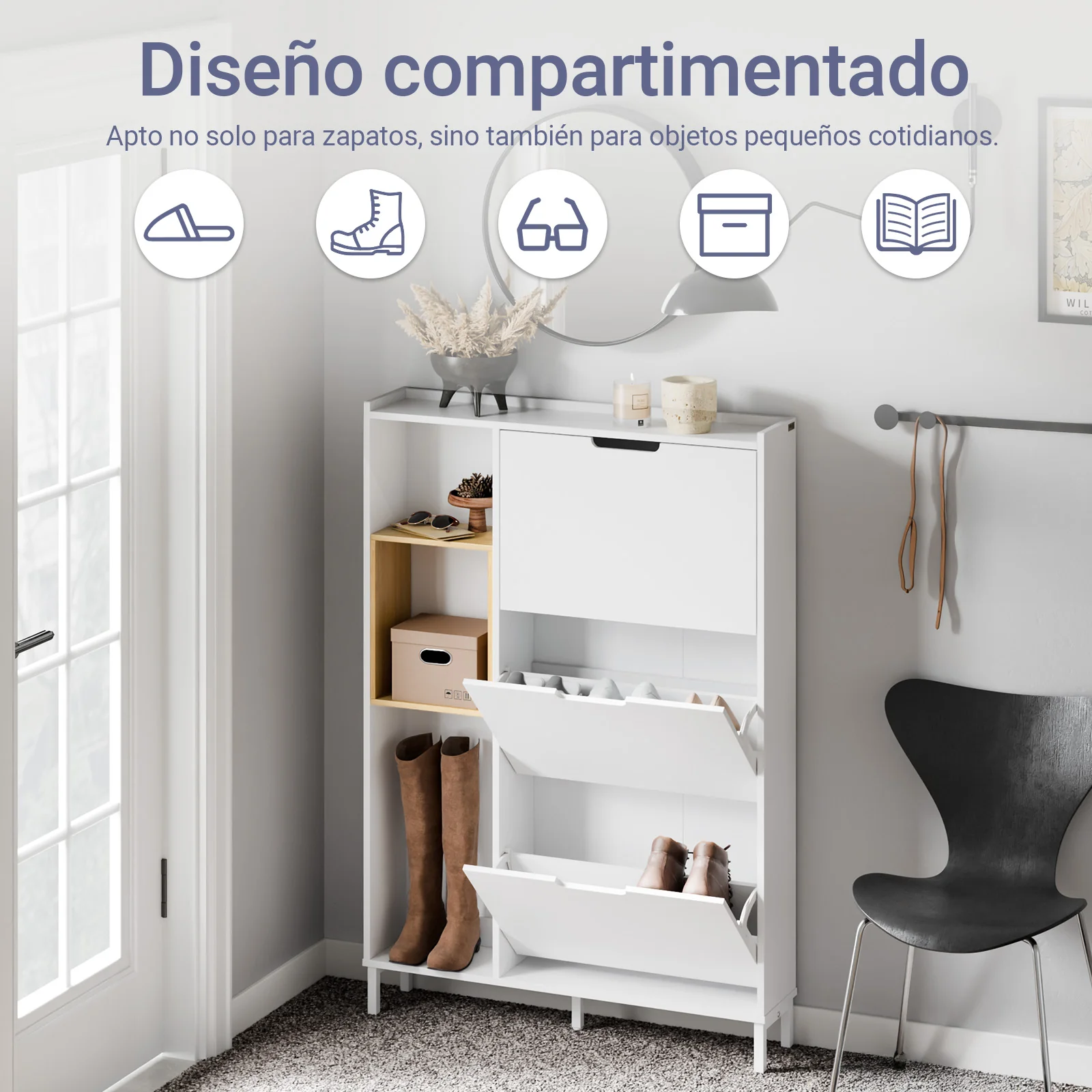 SoBuy FSR209-WN Zapatero Estrecho para Entrada con 3 solapas Blanco - Image 2