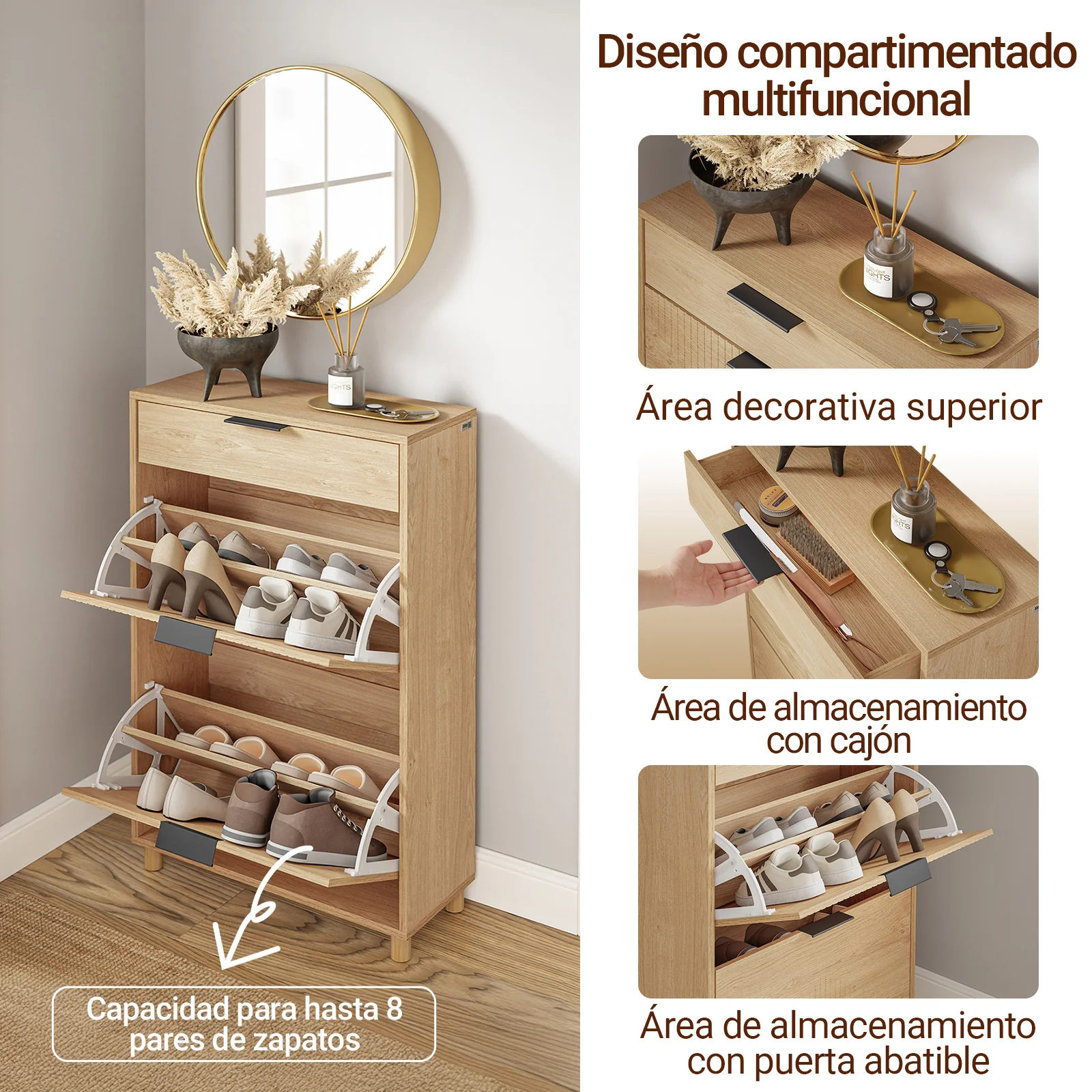 SoBuy FSR212-N Zapatero Estrecho Madera 24cm con cajón y 2 puertas - Image 4