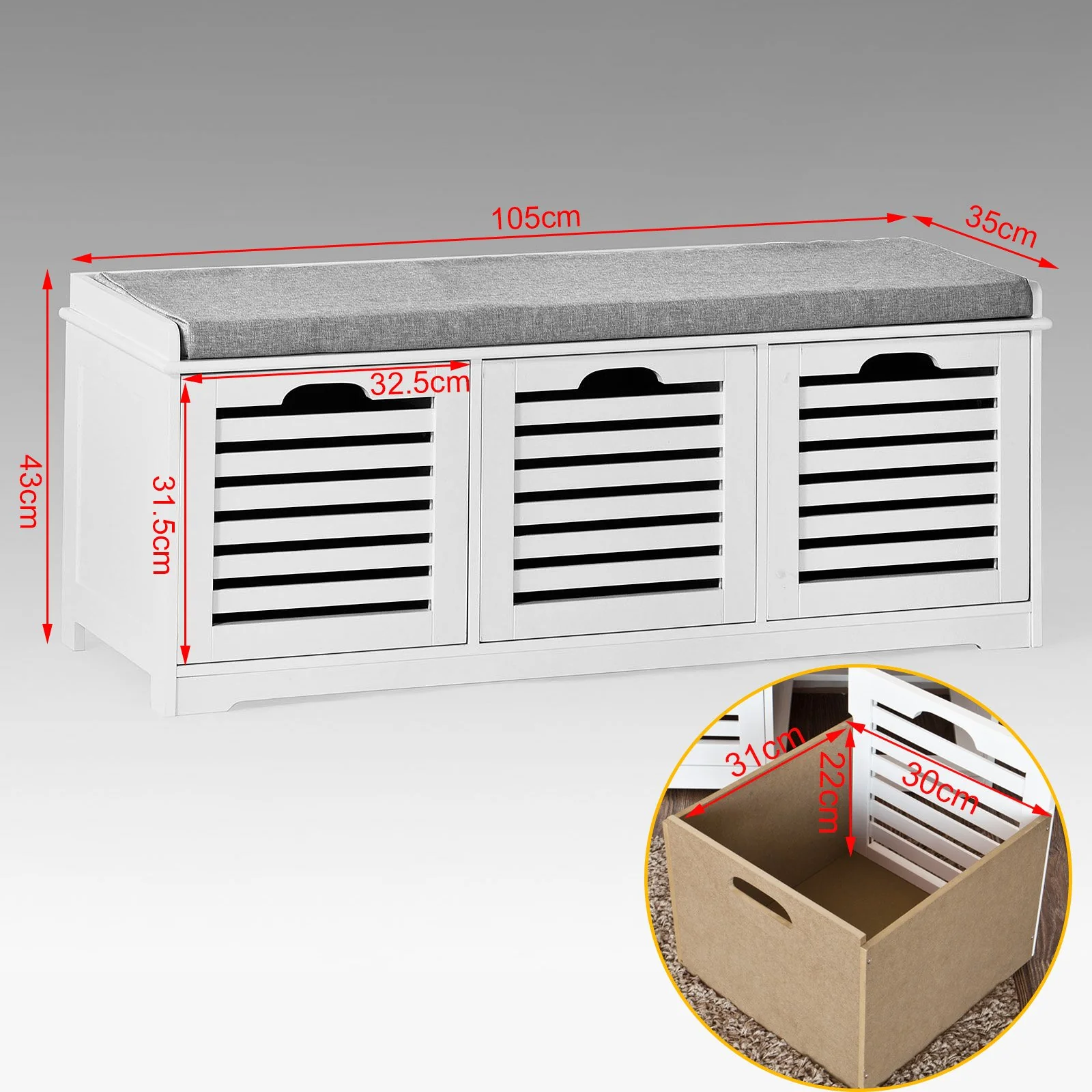 Preventa-SoBuy FSR23-W Banco Zapatero con acolchados cojines y 3 cubos Blanco - Image 3