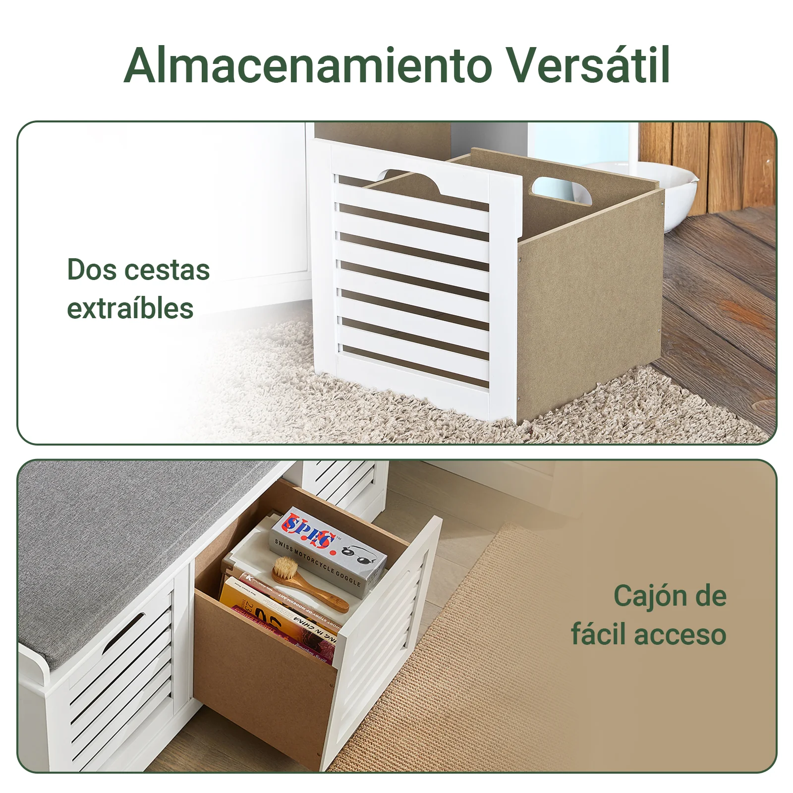 Preventa-SoBuy FSR23-W Banco Zapatero con acolchados cojines y 3 cubos Blanco - Image 6
