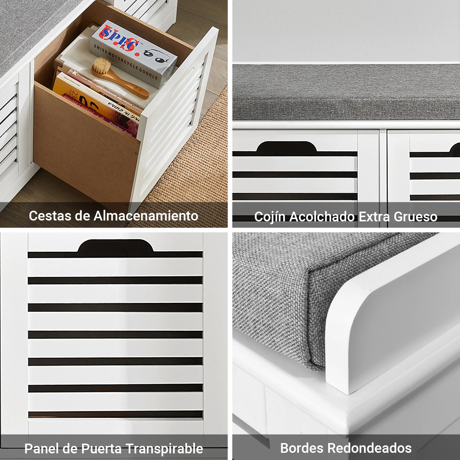 Preventa-SoBuy FSR23-W Banco Zapatero con acolchados cojines y 3 cubos Blanco - Image 7