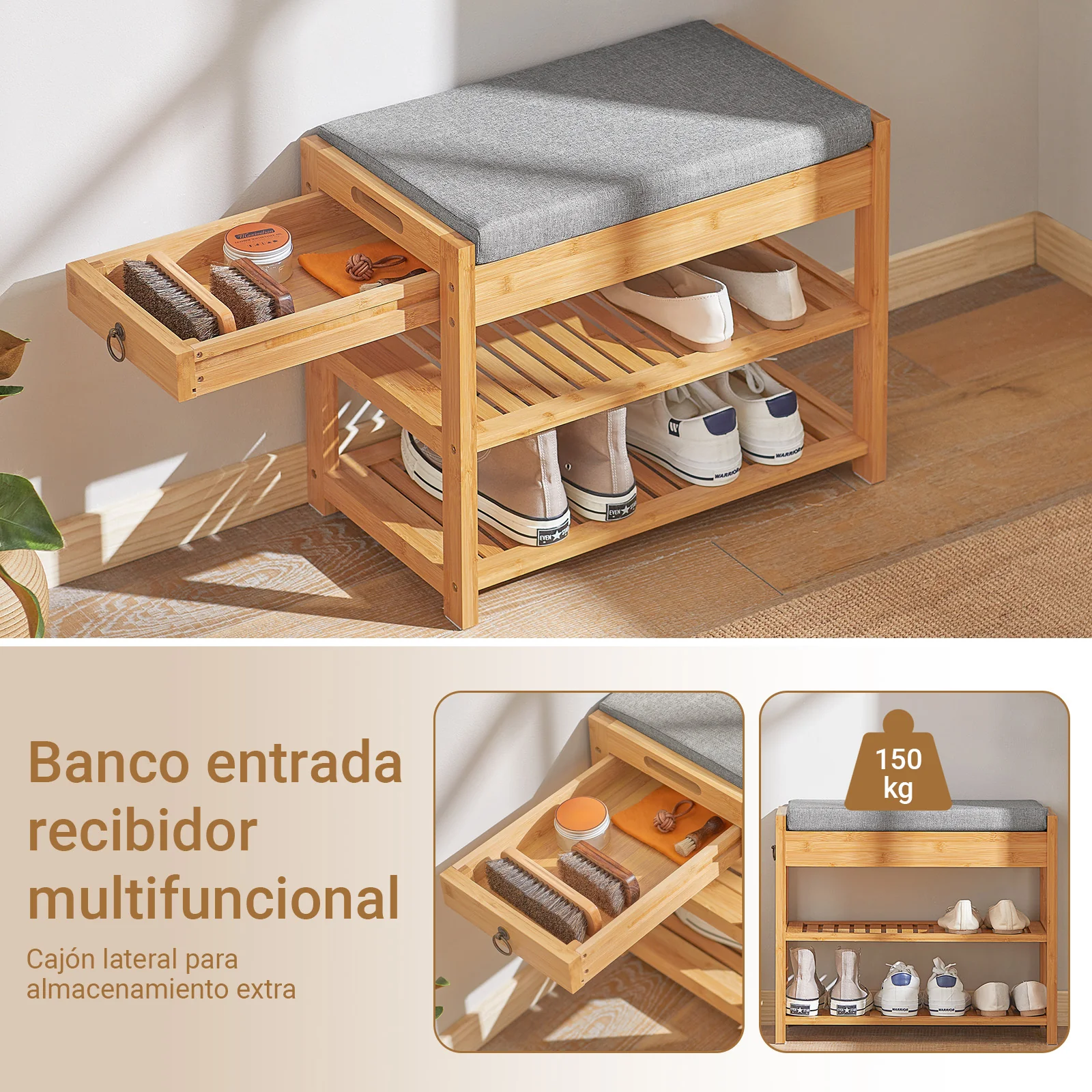 SoBuy FSR49-N Banco Zapatero con cajón y cojín Bambú - Image 4