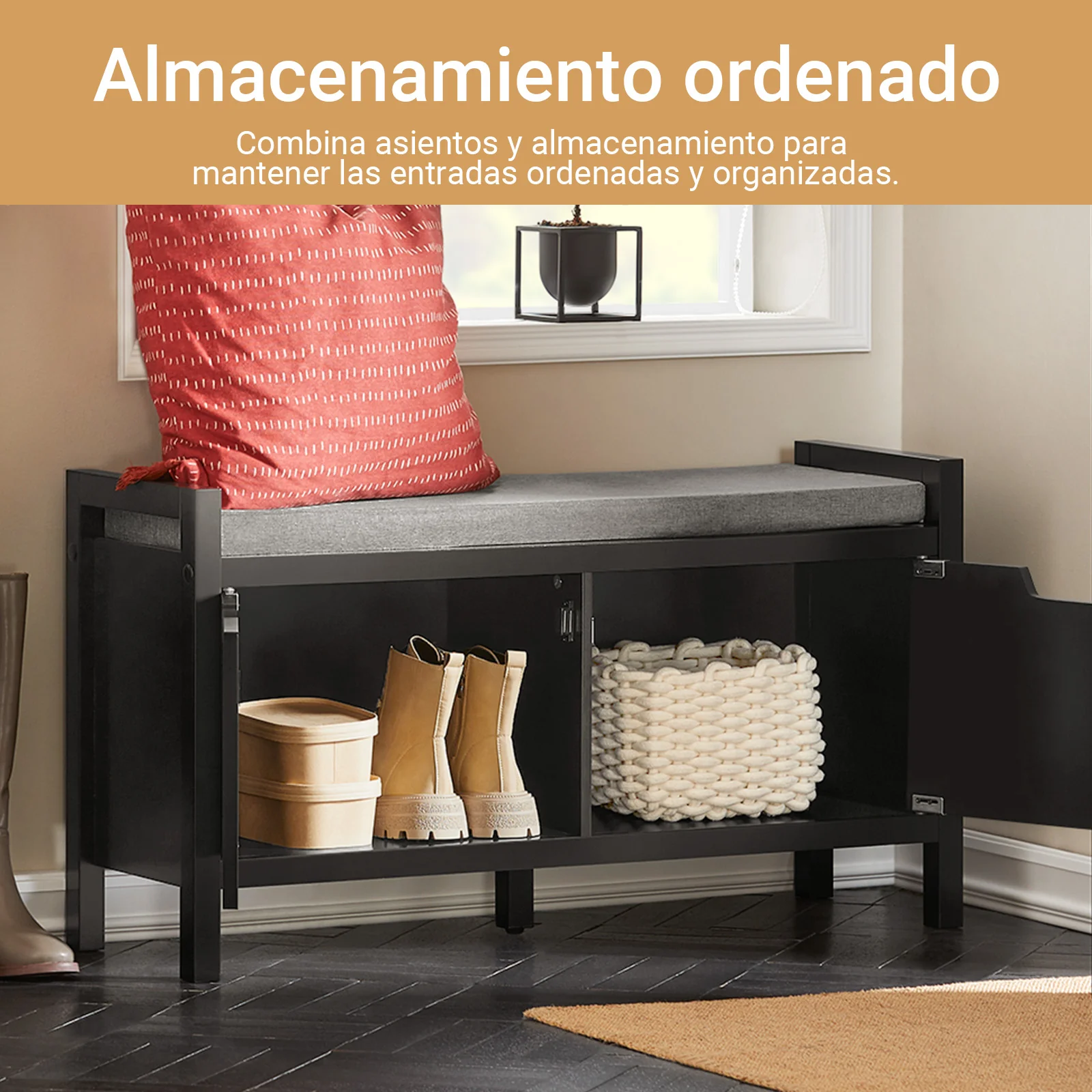SoBuy FSR63-II-SCH Banco Zapatero con Asiento y Almacenaje con 2 Puertas Negro - Image 4