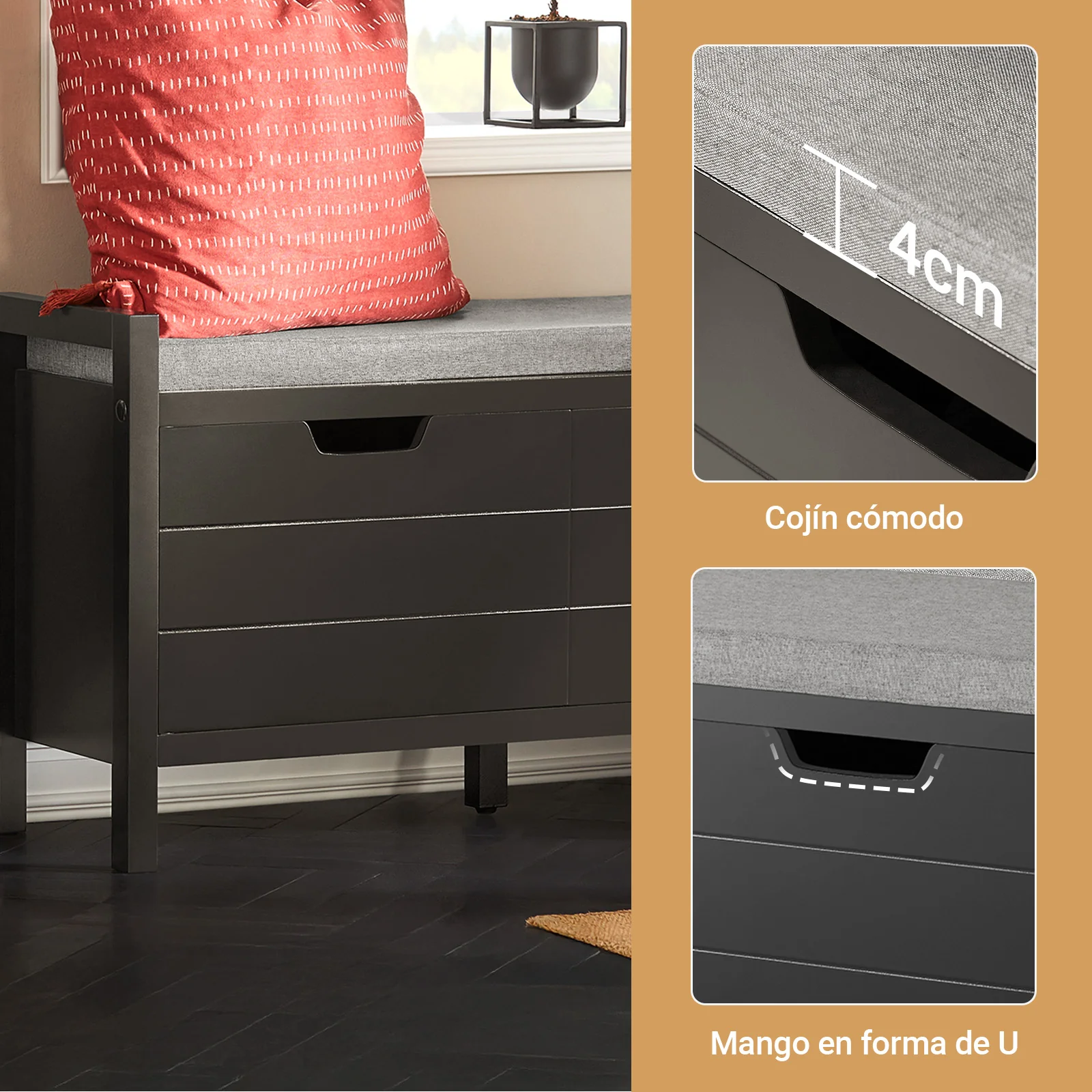 SoBuy FSR63-II-SCH Banco Zapatero con Asiento y Almacenaje con 2 Puertas Negro - Image 5