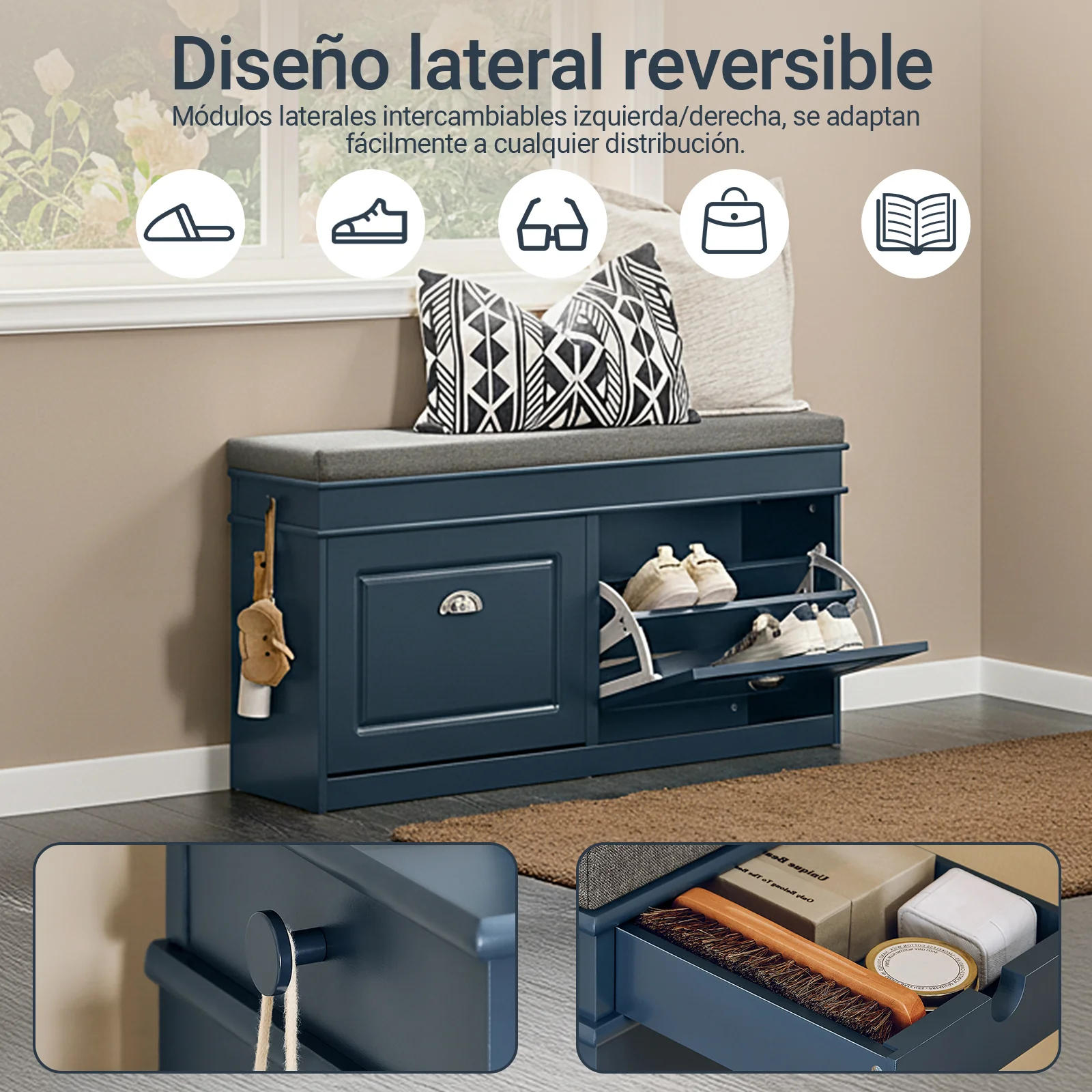 SoBuy FSR64-B Zapatero Banco estrecho con 2 Puertas Abatibles Azul fondo 24cm - Image 2
