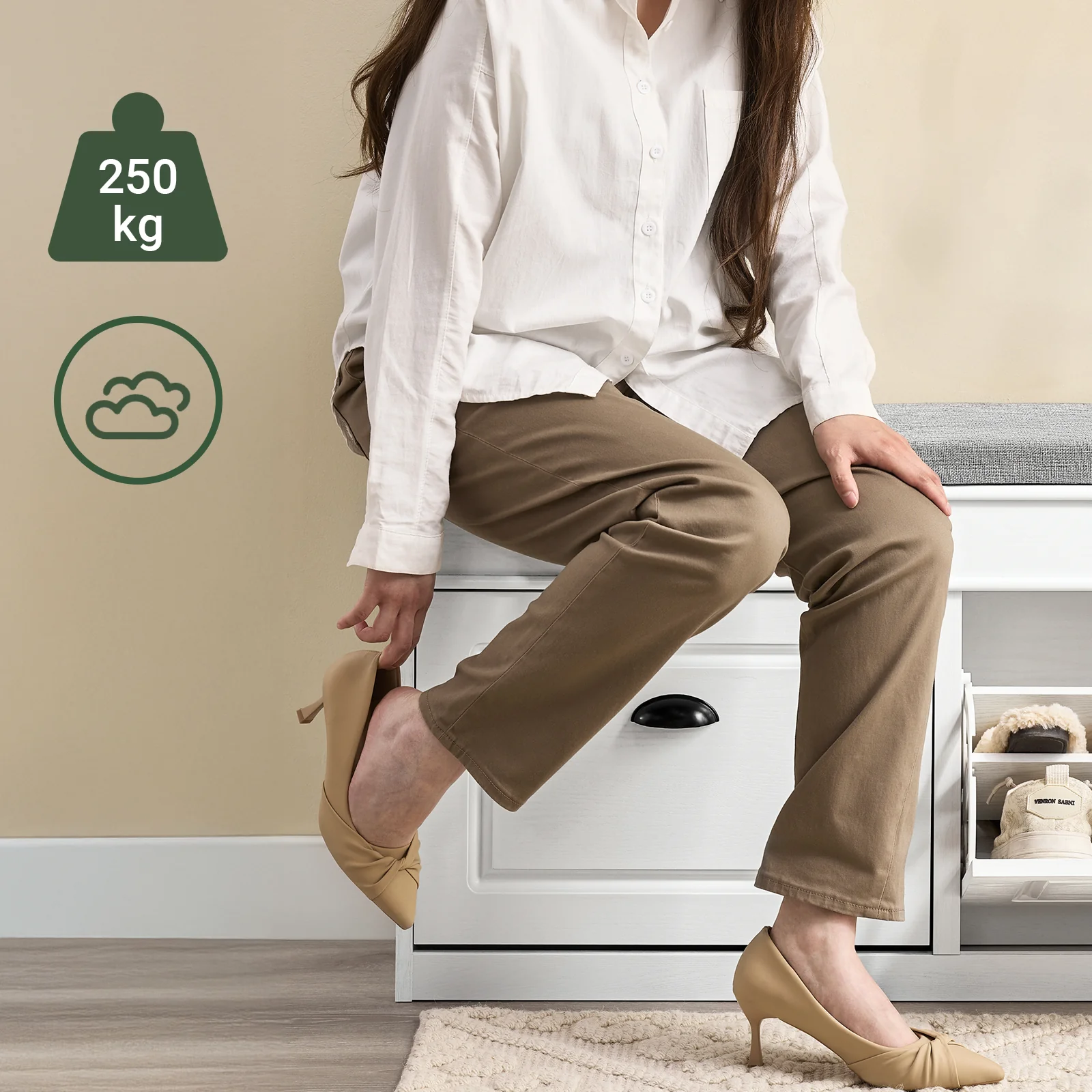 SoBuy FSR64-WG Banco Zapatero con 2 Solapas Madera Envejecida Blanca - Image 8
