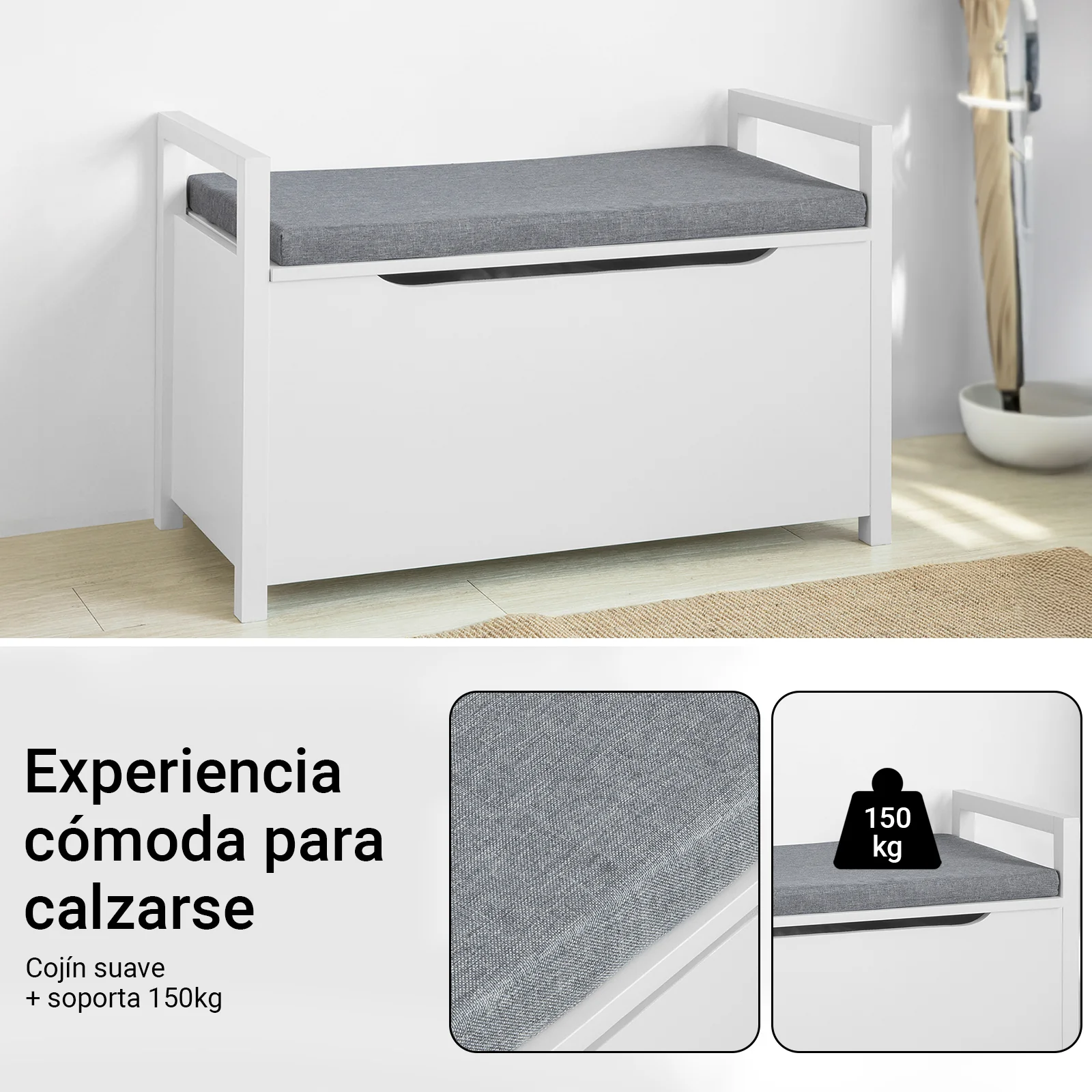 SoBuy FSR76-W Zapatero Banco multifuncional blanco 86 x 38 x54 cm - Image 3