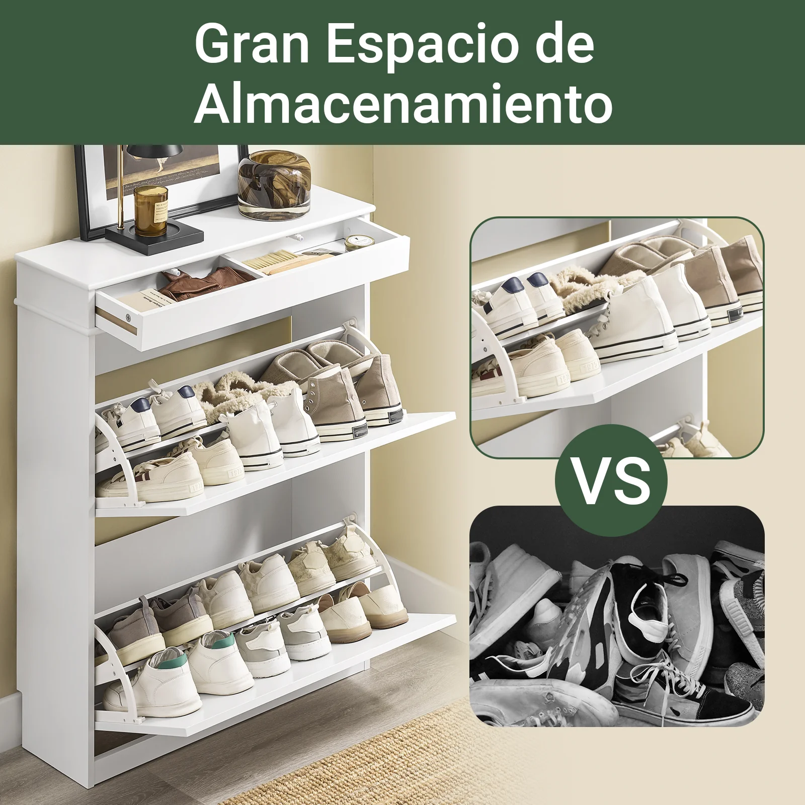 SoBuy FSR78-L-W Zapatero Estrecho con 2 Solapas y 1 cajón Blanco - Image 3