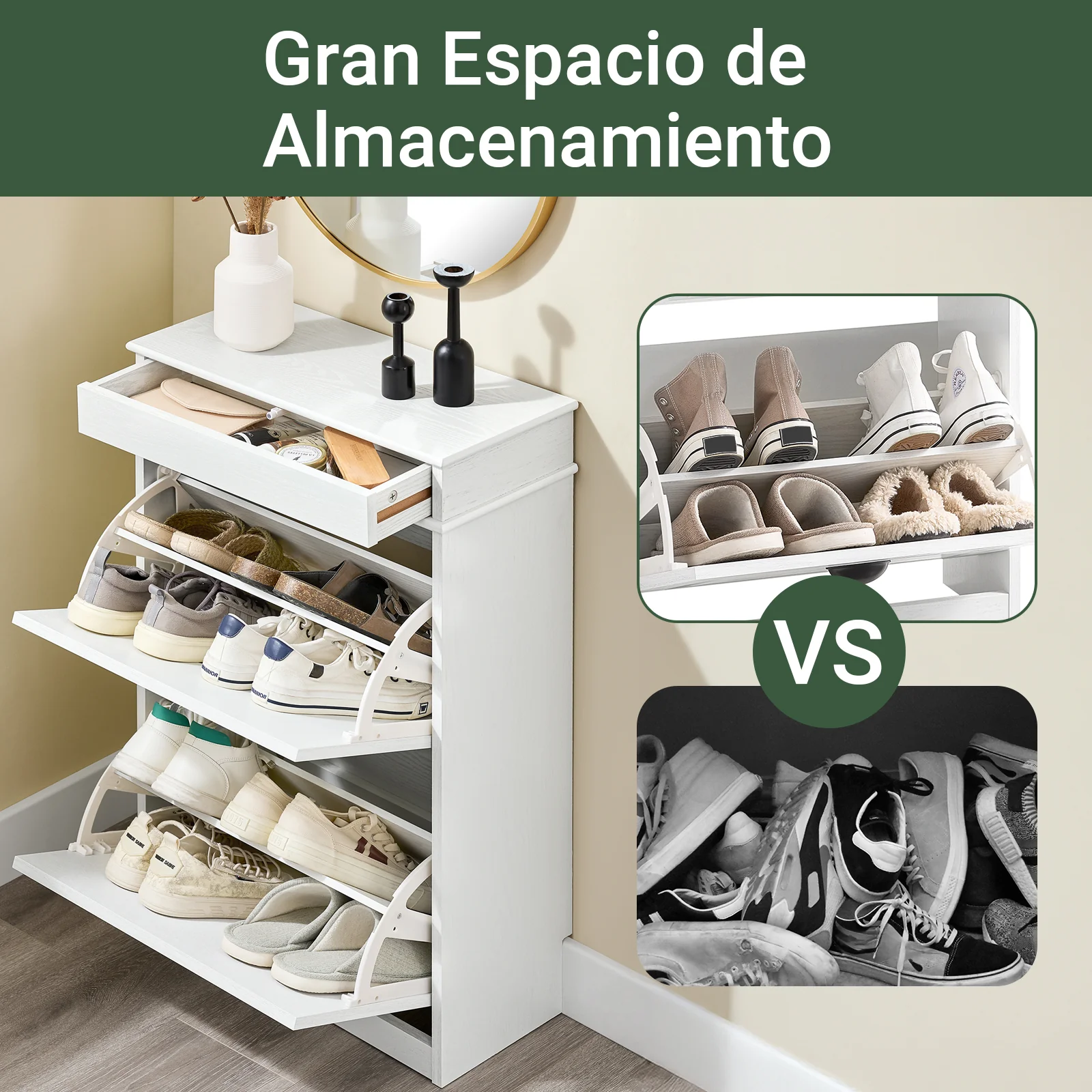 SoBuy FSR78-WG Zapatero Estrecho con 2 Solapas y 1 Cajón acabado Madera Blanca 54x24x82cm - Image 3