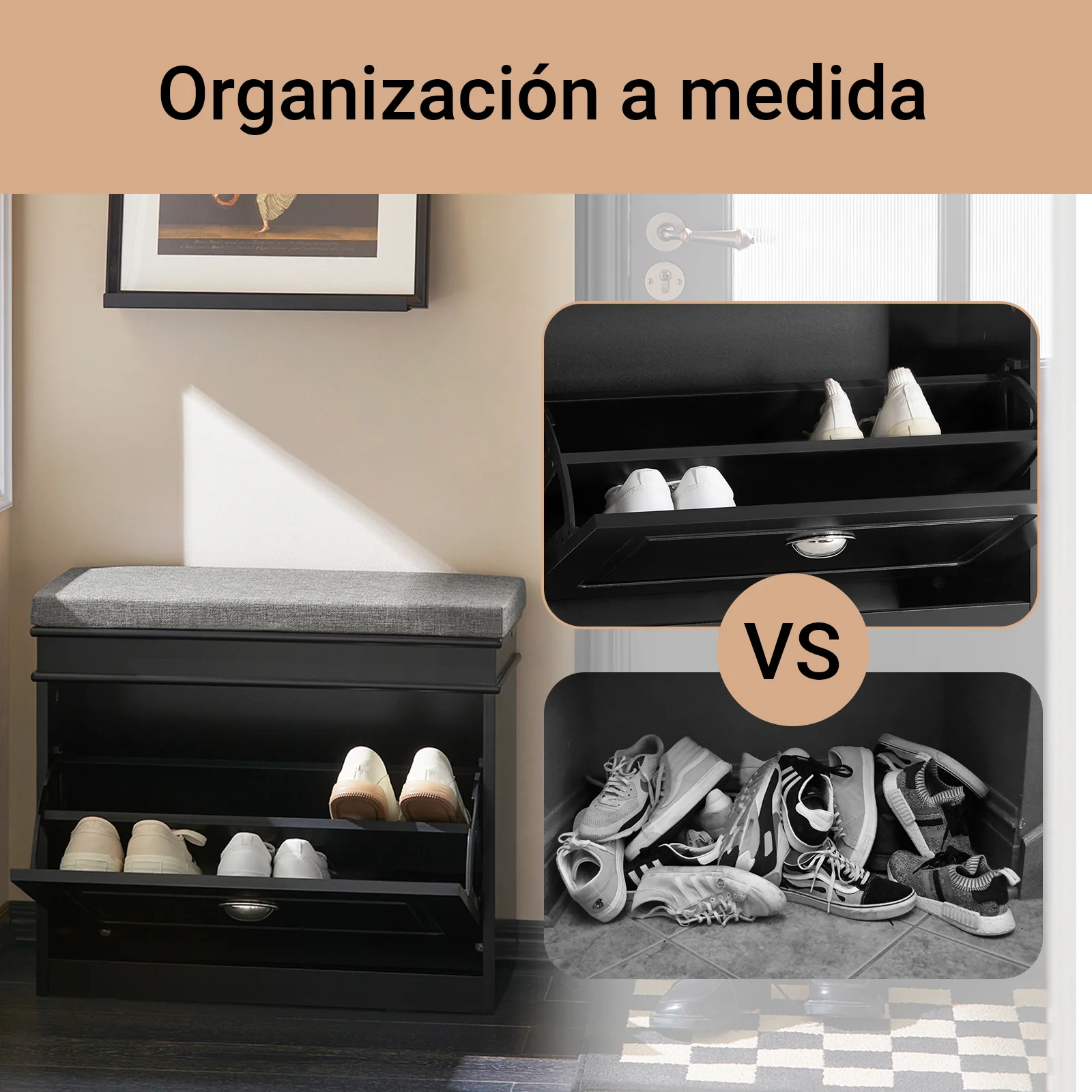 SoBuy FSR82-K-SCH Banco Zapatero con 1 cajón Ancho 60cm Negro - Image 2