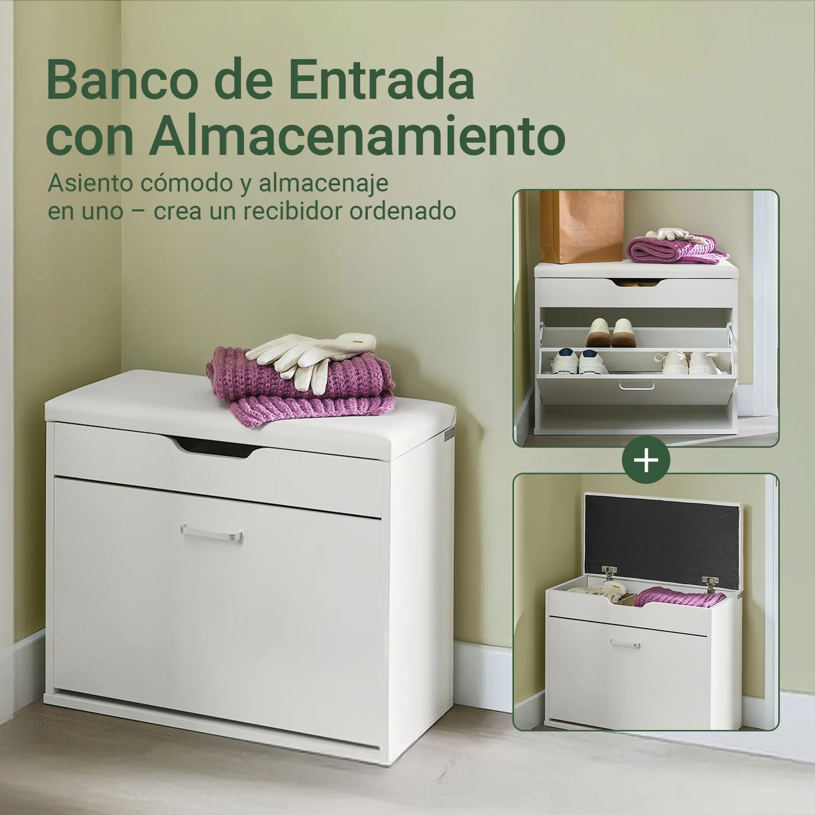 SoBuy FSR95-W Banco Zapatero con Asiento 60cm Blanco Solapa Abatible - Image 2
