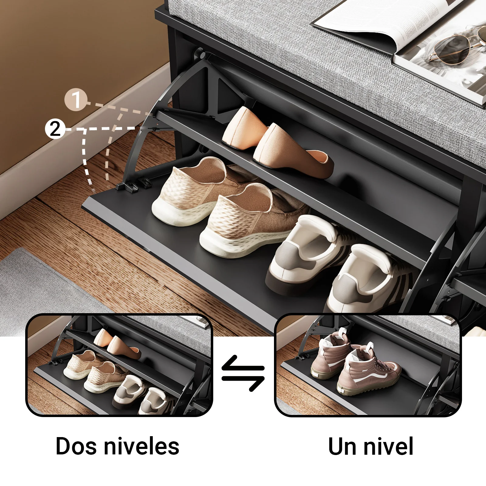 SoBuy FSR98-XL-SCH Banco Zapatero con Asiento para 8-10 Pares de Zapatos | Negro 100 x 26 x 46 cm - Image 6