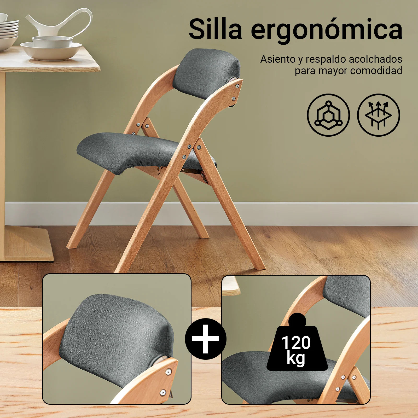 SoBuy FST92-SG Silla Plegable de Madera con Asiento y Respaldo para Comedor Gris - Image 5