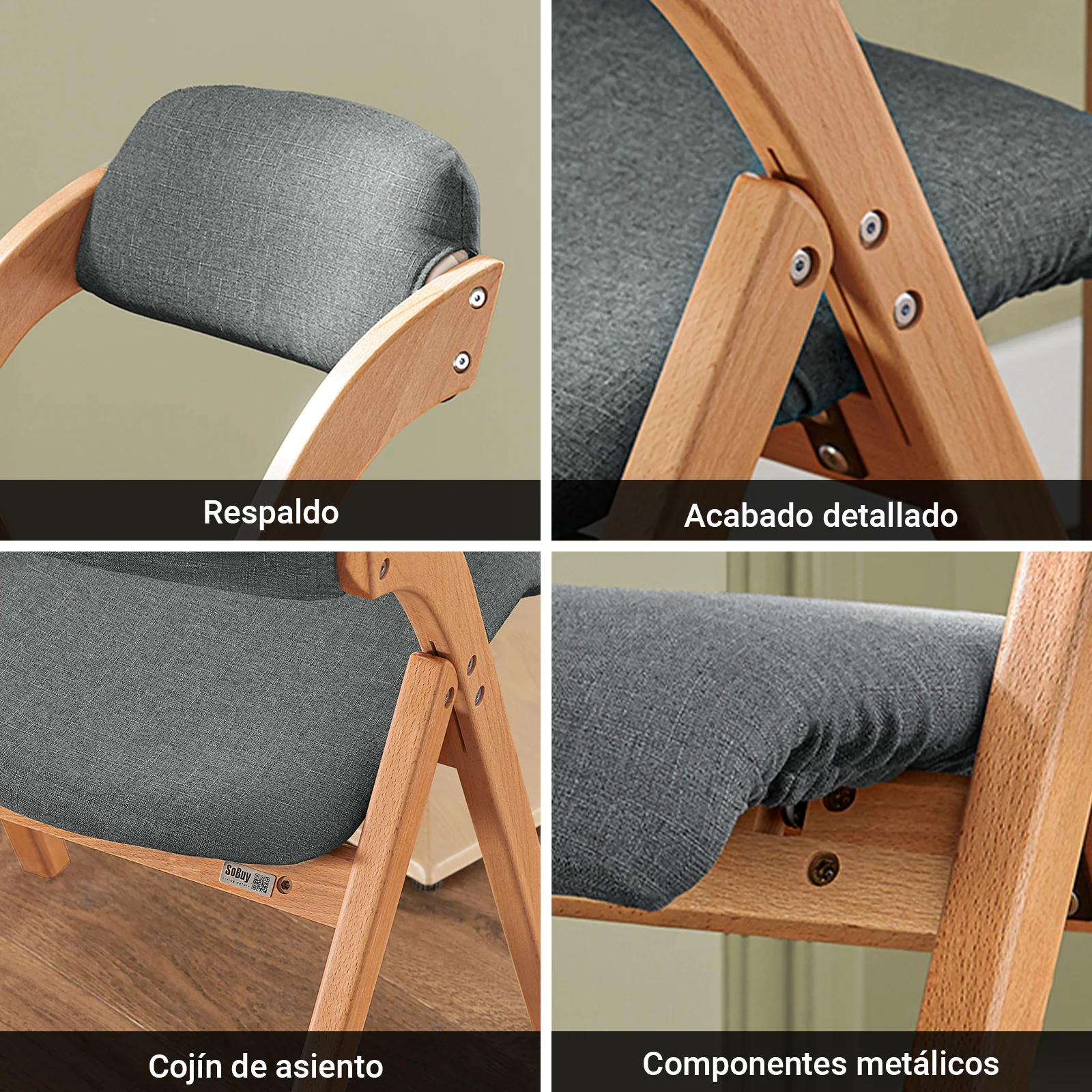 SoBuy FST92-SG Silla Plegable de Madera con Asiento y Respaldo para Comedor Gris - Image 7