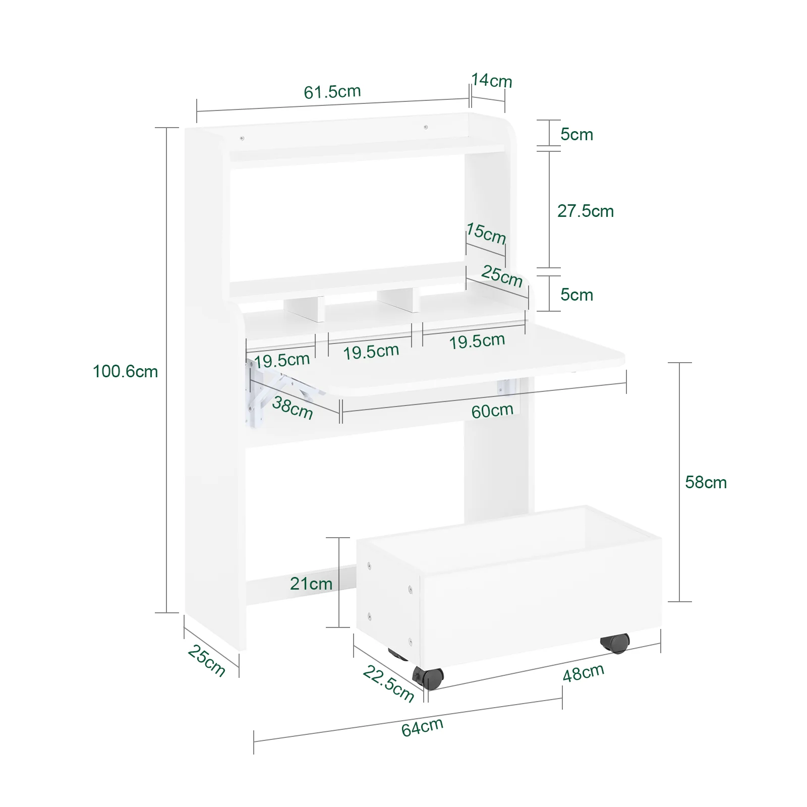SoBuy FWT105-II-W Mesa Escritorio Plegable con 1 carro 64x62x98cm - Image 3