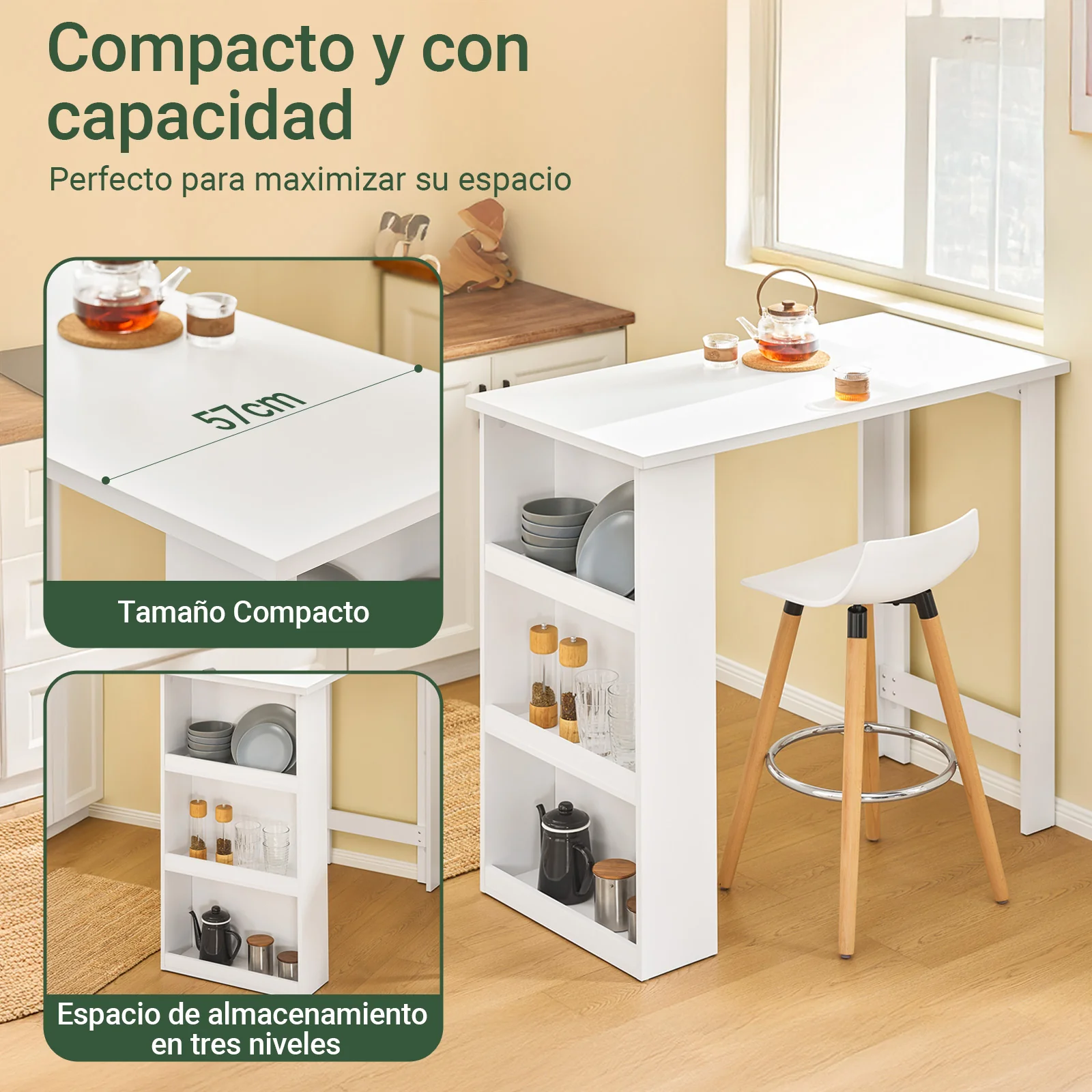 SoBuy FWT17-II-W Mesa Alta de Cocina Mesa de Bar con 3 Estantes Blanca 112 x 57 x 106 cm - Image 3