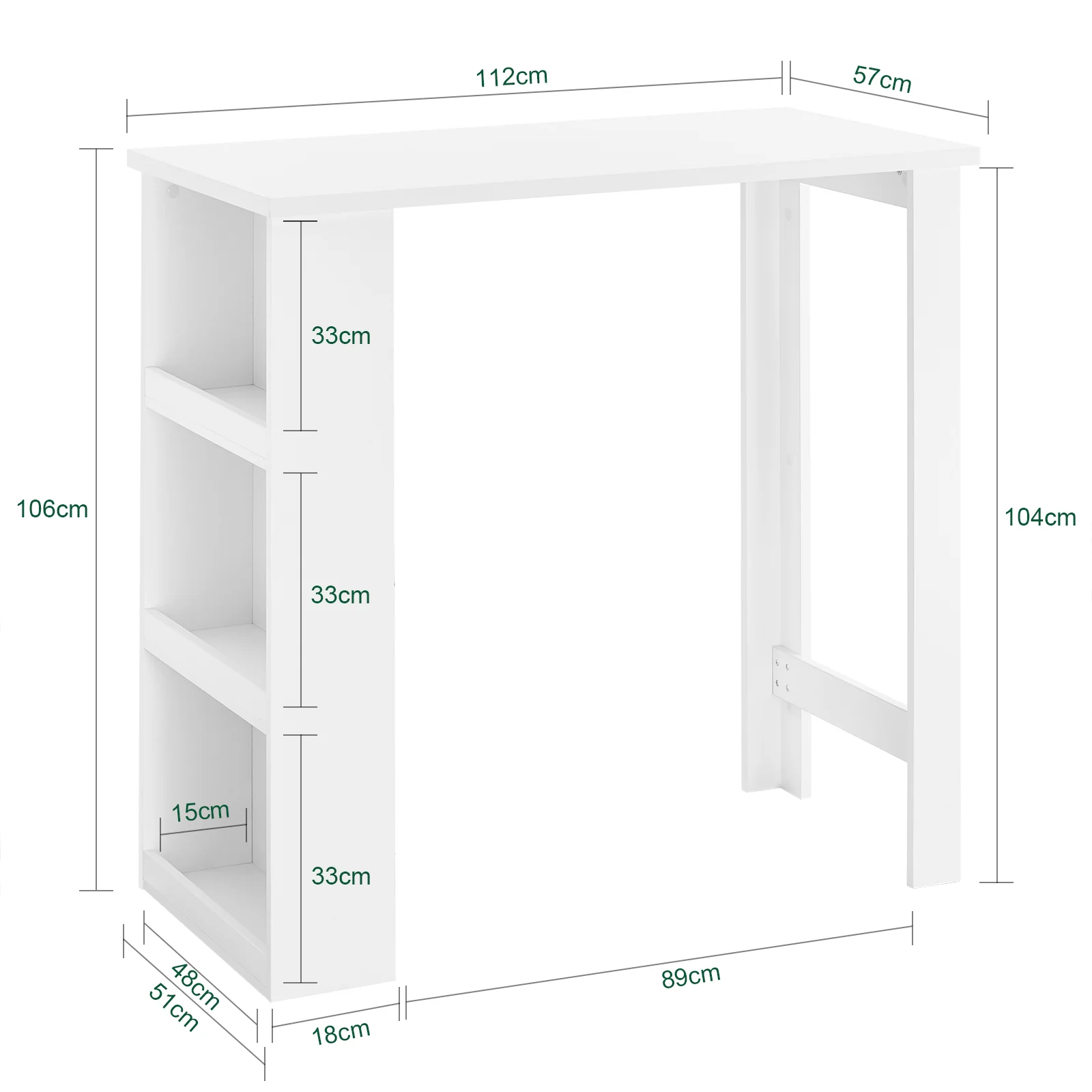 SoBuy FWT17-II-W Mesa Alta de Cocina Mesa de Bar con 3 Estantes Blanca 112 x 57 x 106 cm - Image 5