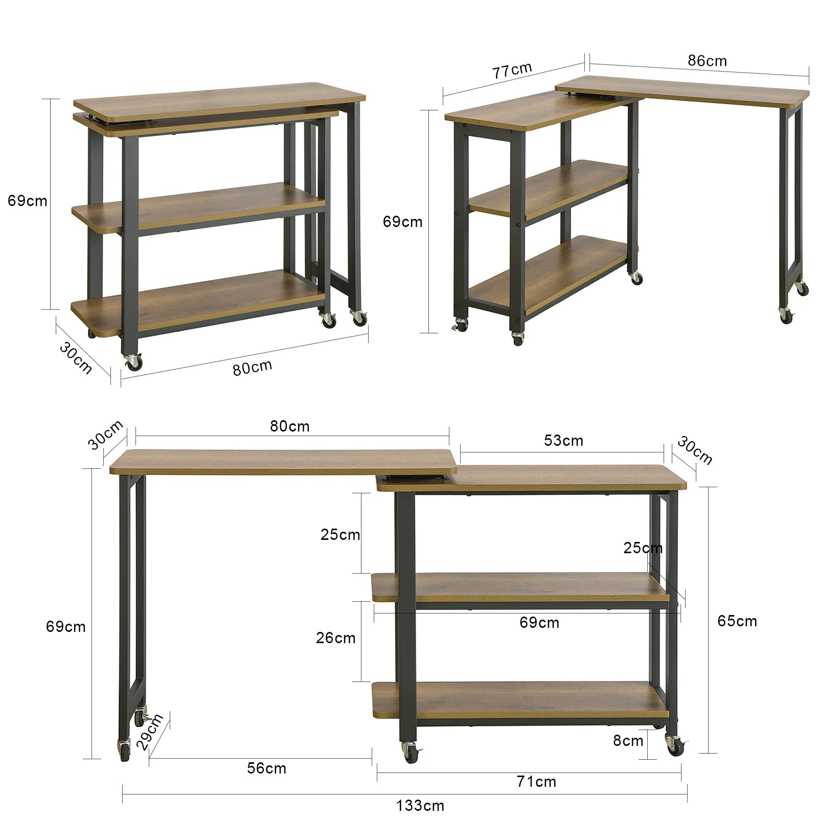 SoBuy FWT83-PF Mesa auxiliar con ruedas y 2 estante Forma de 133x69x30 cm - Image 3