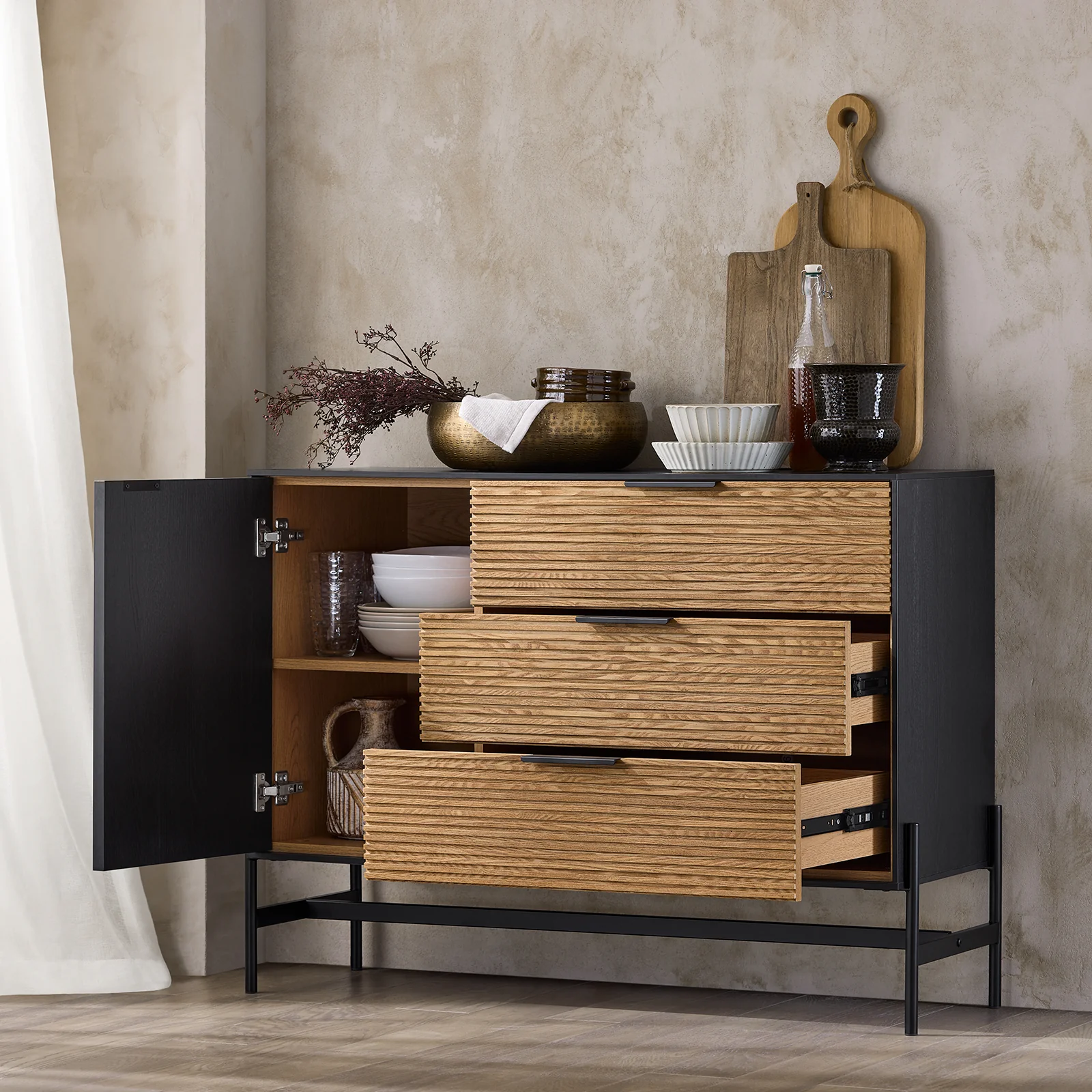 SoBuy HFSB02-SCH Aparador de Cocina Recibidor Buffet con 1 Puerta y 3 Cajones - Image 2