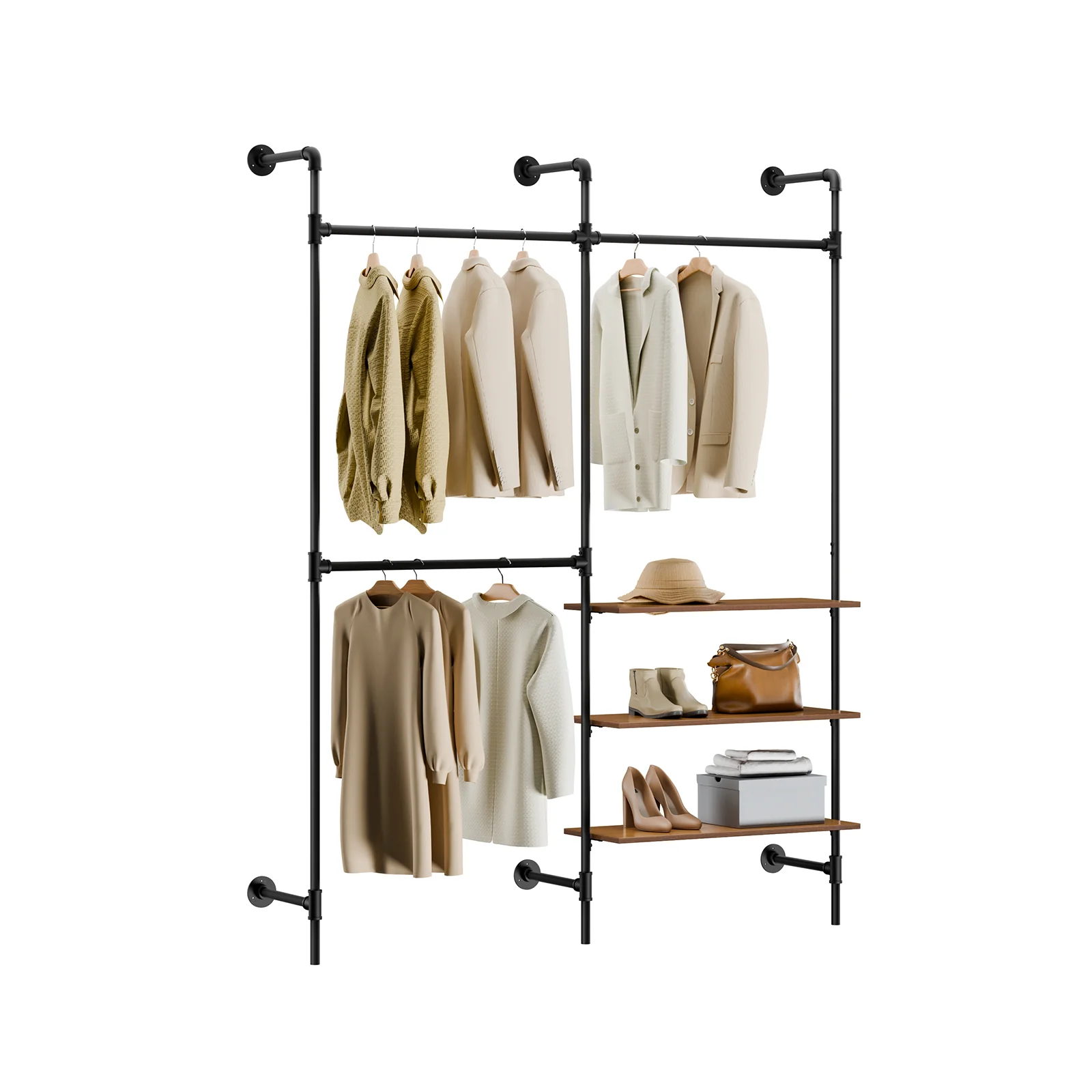 SoBuy KLS18-SCH Perchero de pared industrial con 3 barras y 3 estantes de MDF Negro