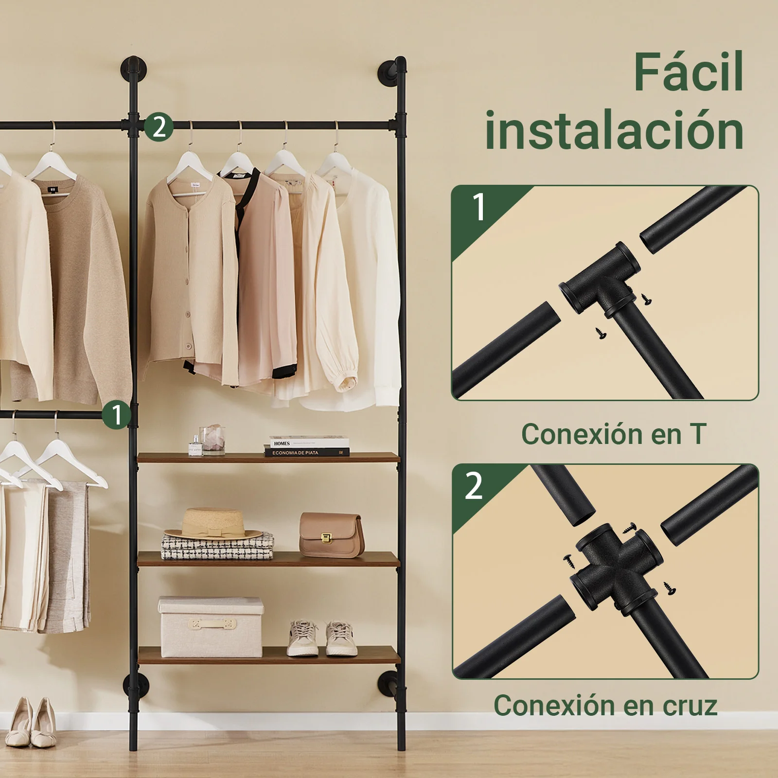 SoBuy KLS18-SCH Perchero de pared industrial con 3 barras y 3 estantes de MDF Negro - Image 6