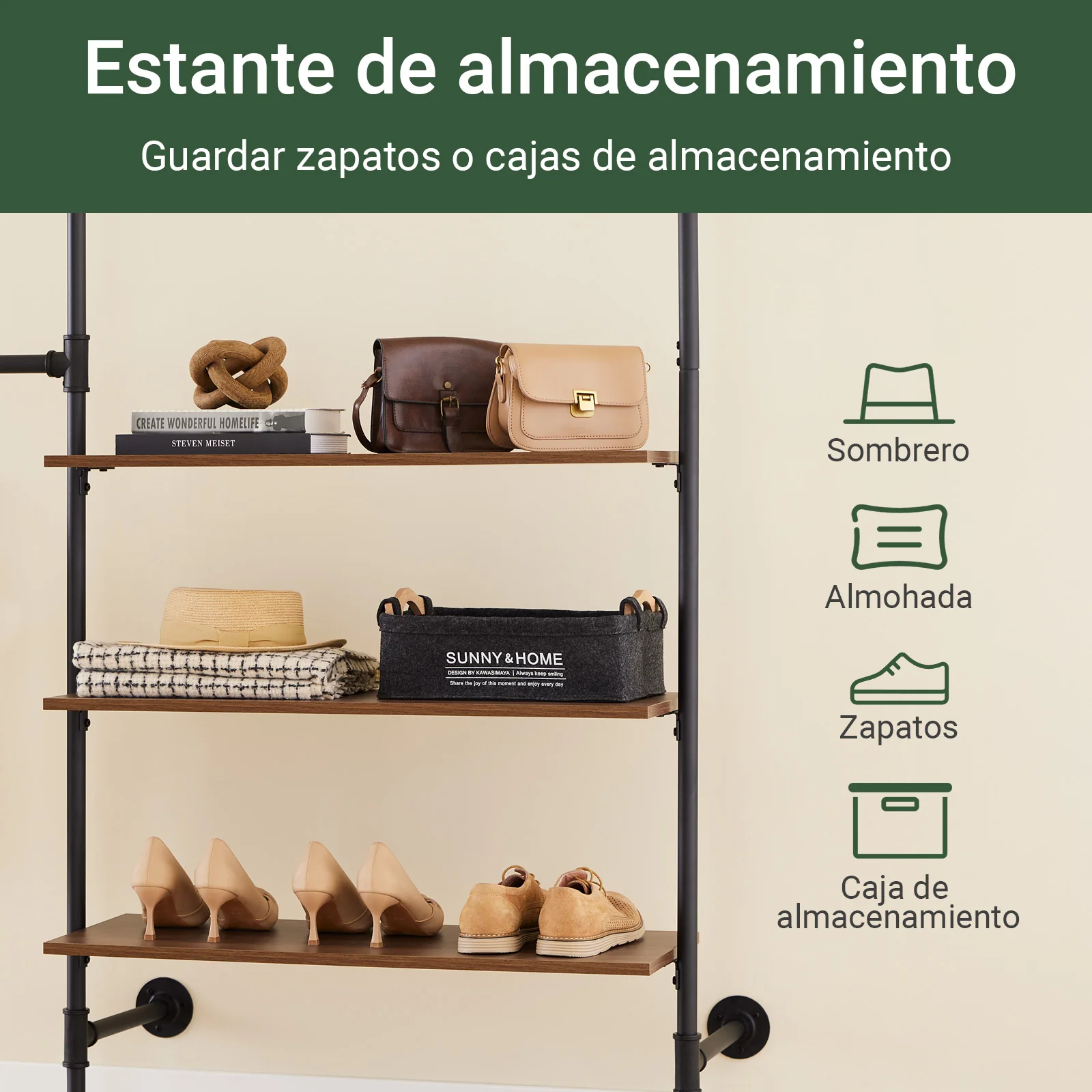 SoBuy KLS18-SCH Perchero de pared industrial con 3 barras y 3 estantes de MDF Negro - Image 8