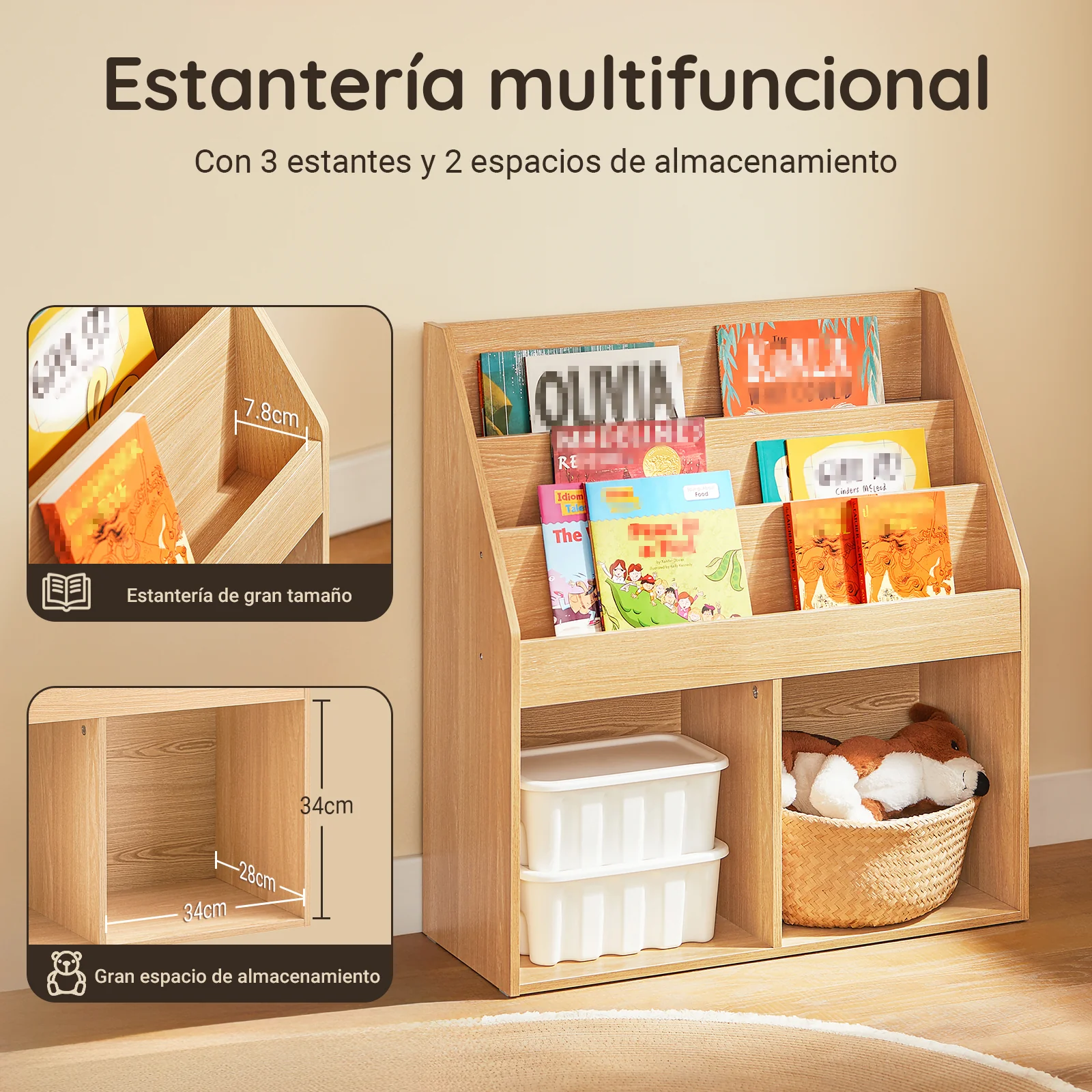 SoBuy KMB01-N LibrerÃa para Niños con 3 EstanterÃas y 2 Compartimentos color Natural - Image 2