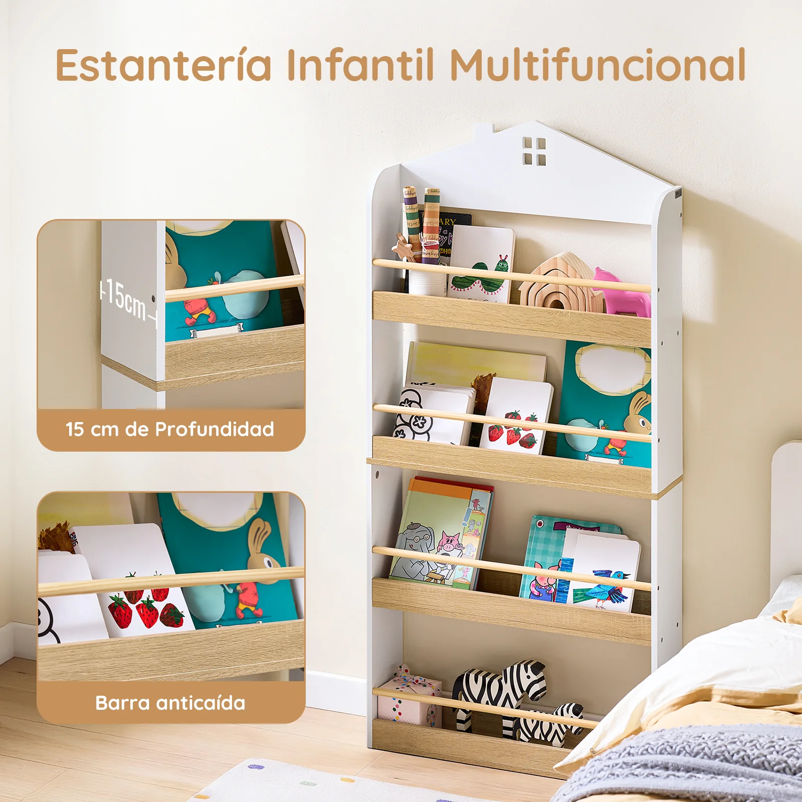 SoBuy KMB121-WN LibrerÃa infantil con 4 Estantes L130,5 cm Blanco y Natura - Image 2