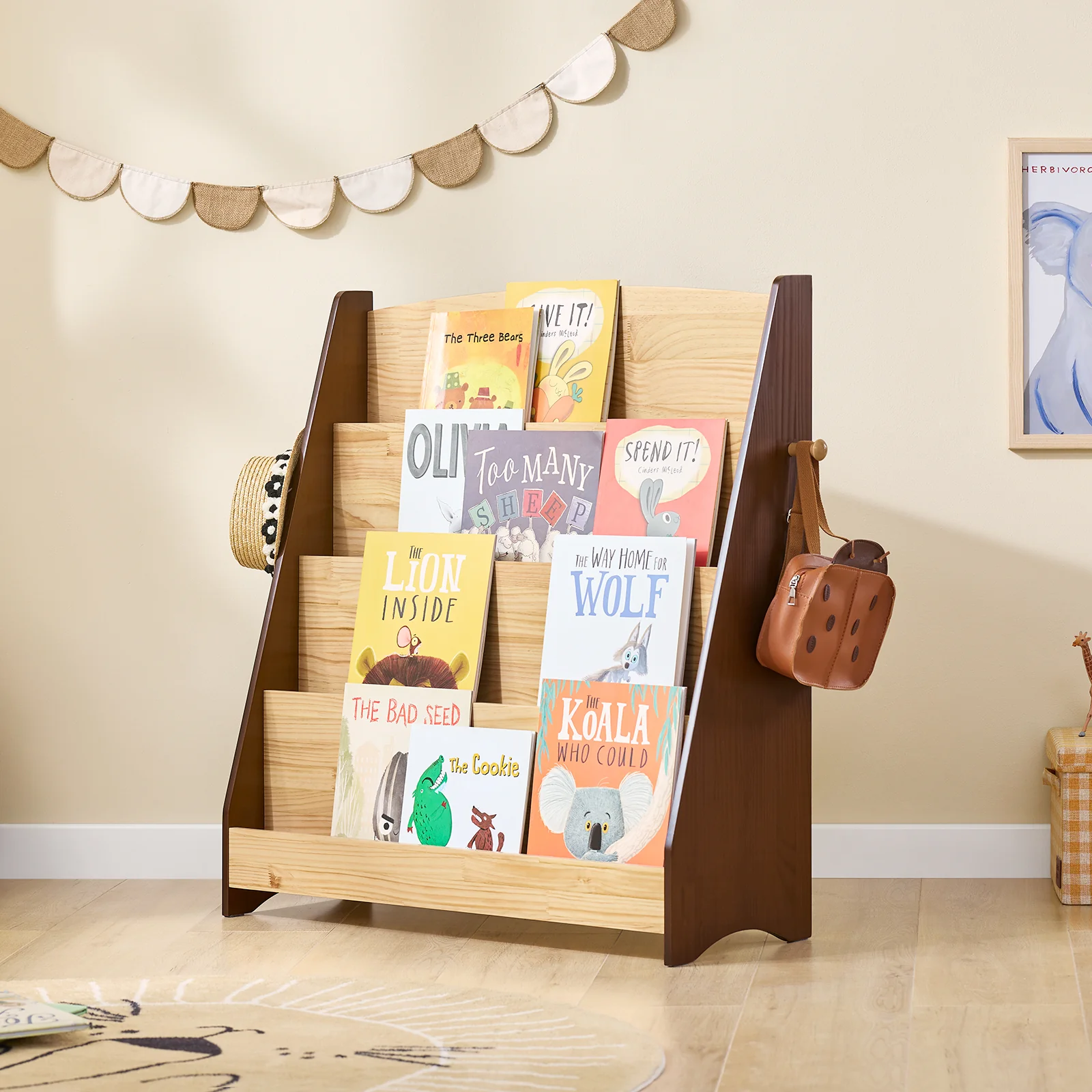 SoBuy KMB32-N Libreria Infantil con 4 Compartimentos y 2 Ganchos Marrón - Image 10