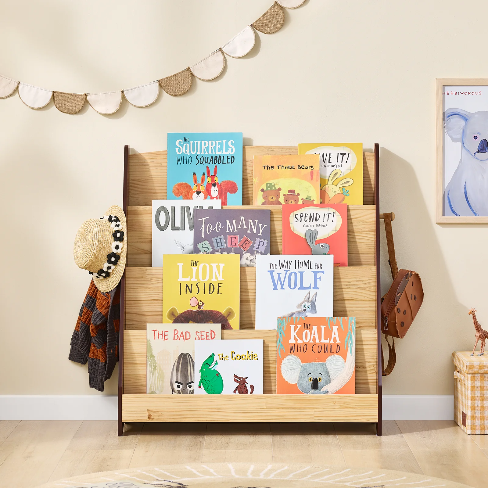 SoBuy KMB32-N Libreria Infantil con 4 Compartimentos y 2 Ganchos Marrón - Image 2