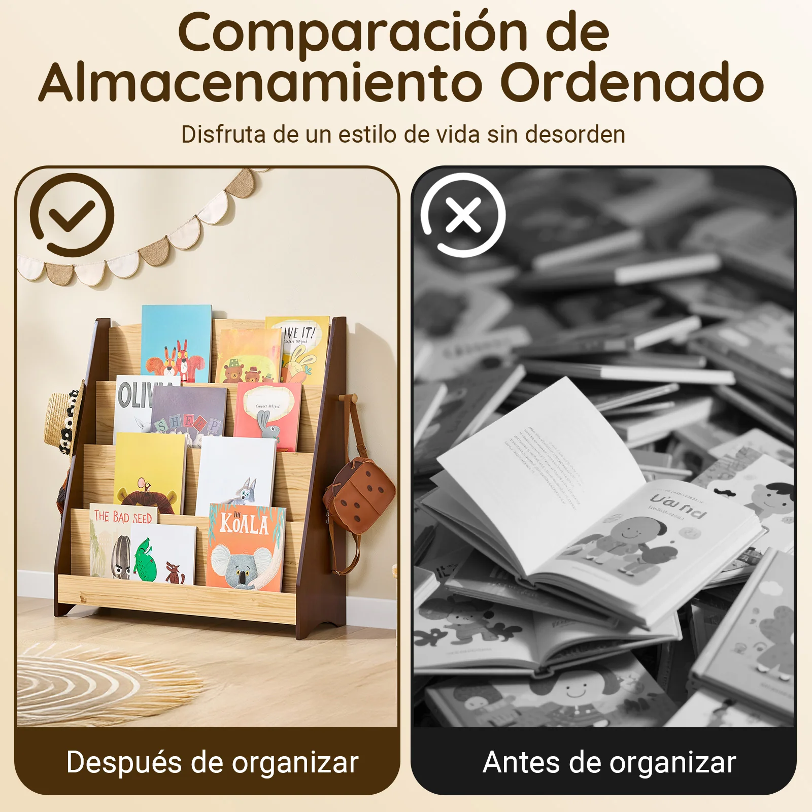 SoBuy KMB32-N Libreria Infantil con 4 Compartimentos y 2 Ganchos Marrón - Image 3